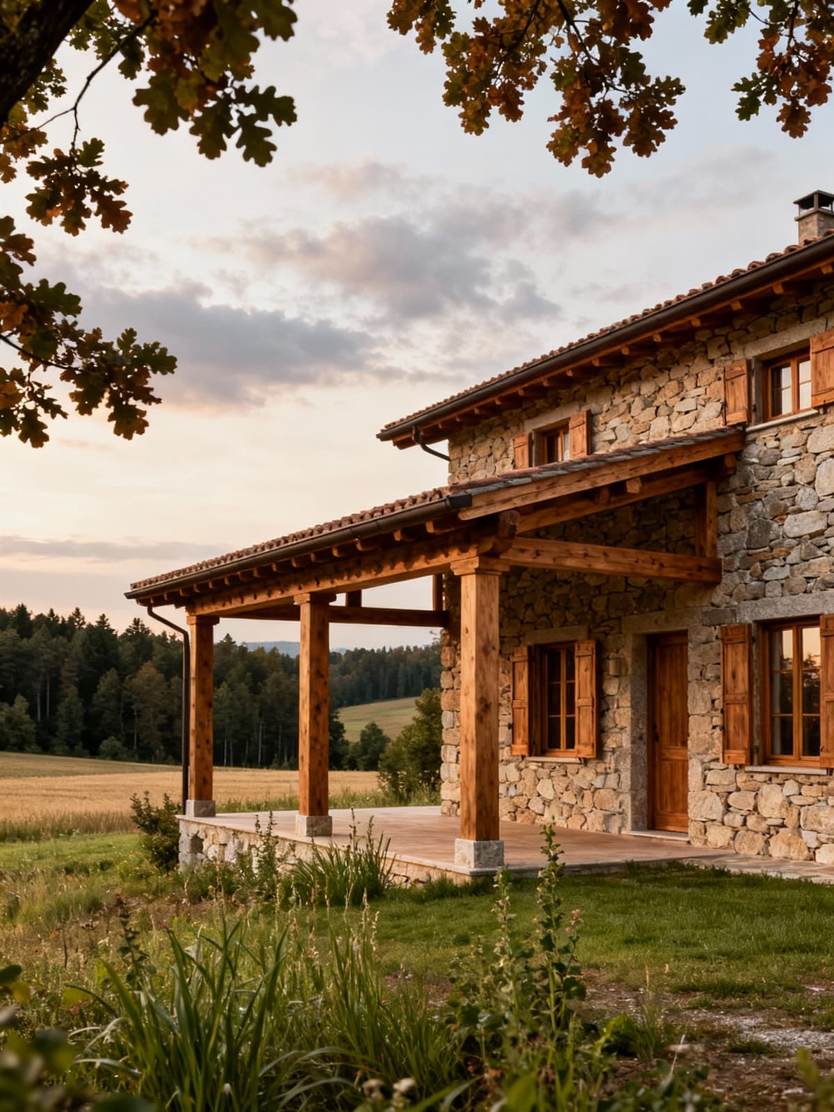 Case indipendenti in campagna lombarda, con materiali tradizionali e verande ampie, circondate da natura serena.