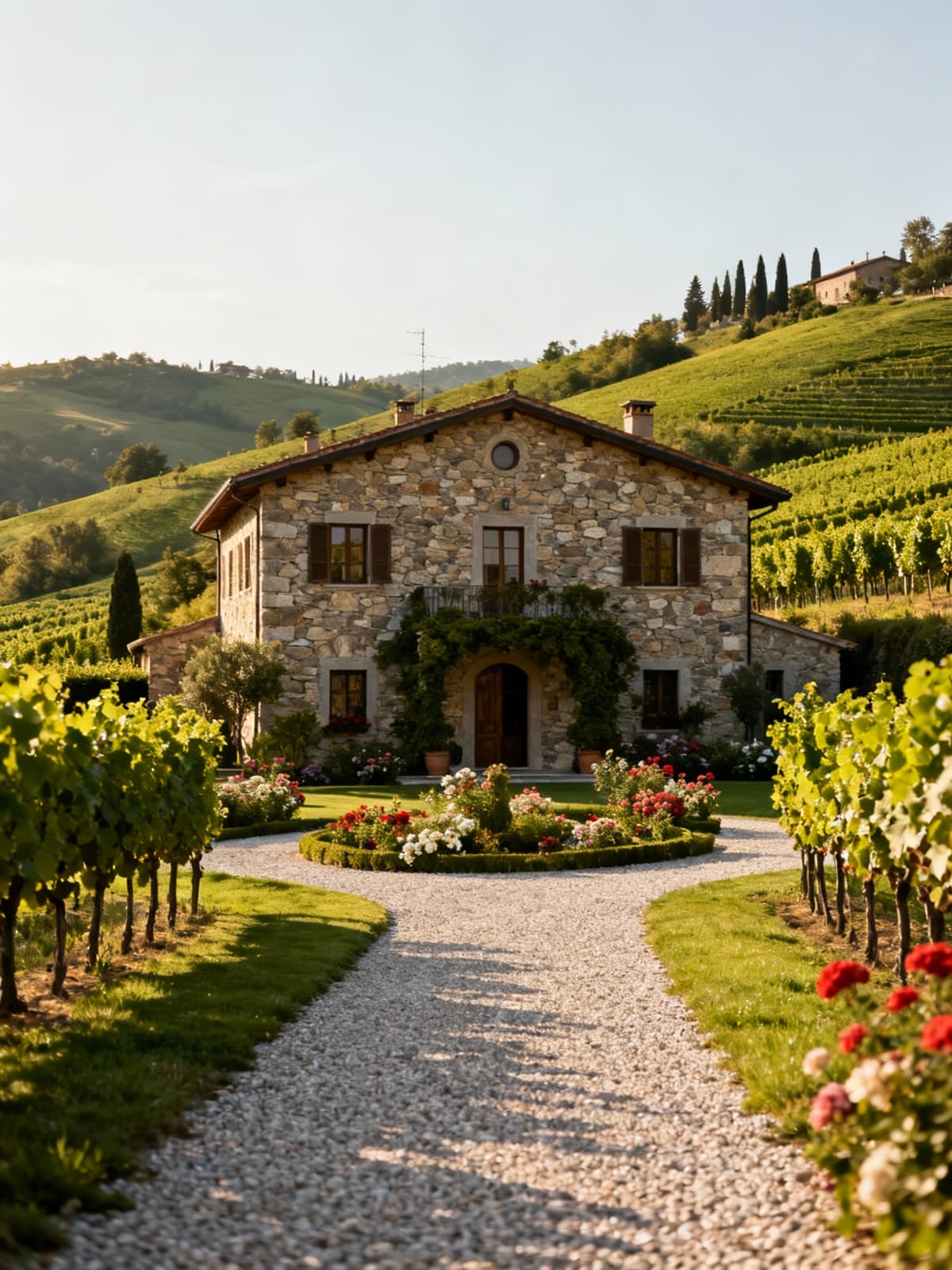 Luxury independent homes nestled in lush green hills of Piemonte, featuring natural stone facades and vibrant gardens.