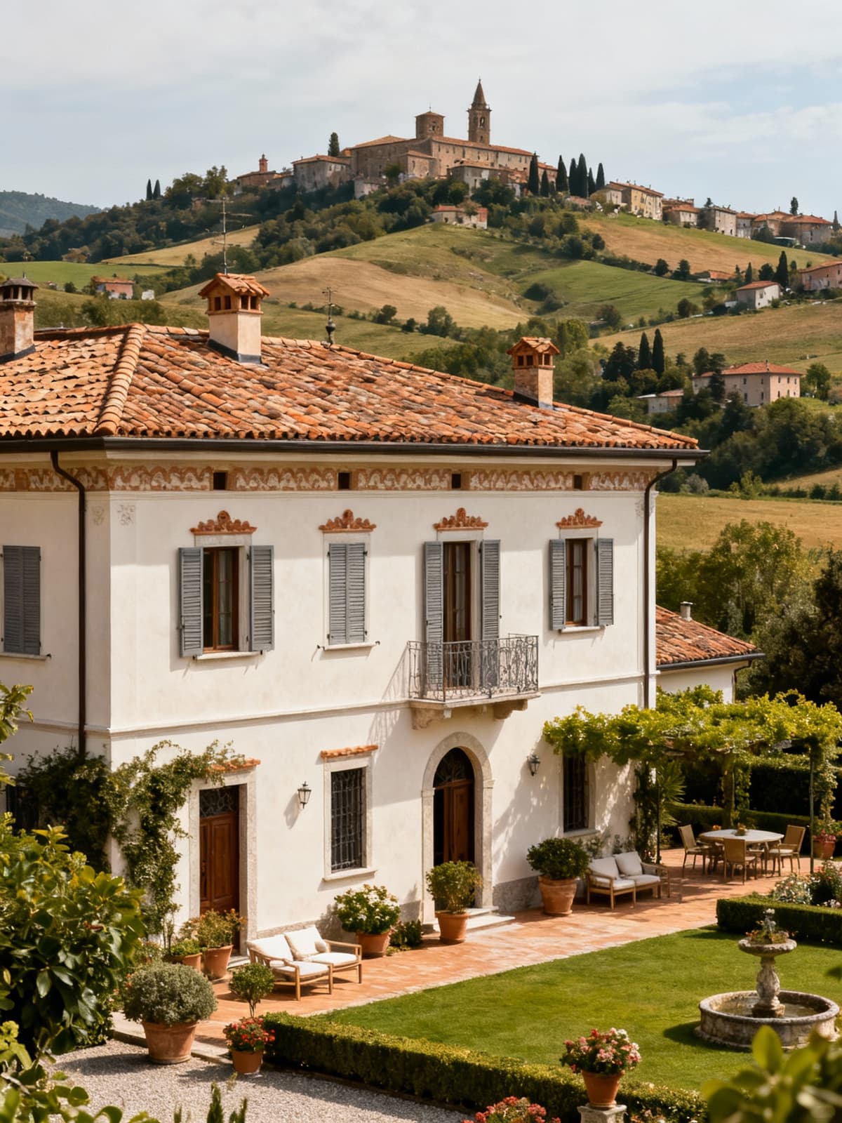 Ville eleganti nella campagna lombarda, immerse tra colline e borghi storici, con giardini curati e dettagli raffinati.