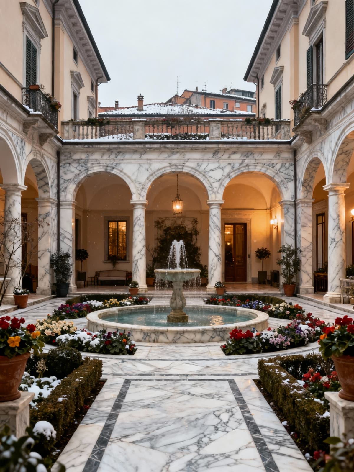 Luxurious villa with neoclassical architecture in a charming Lombardy historic town, featuring a beautiful courtyard and serene fountains.