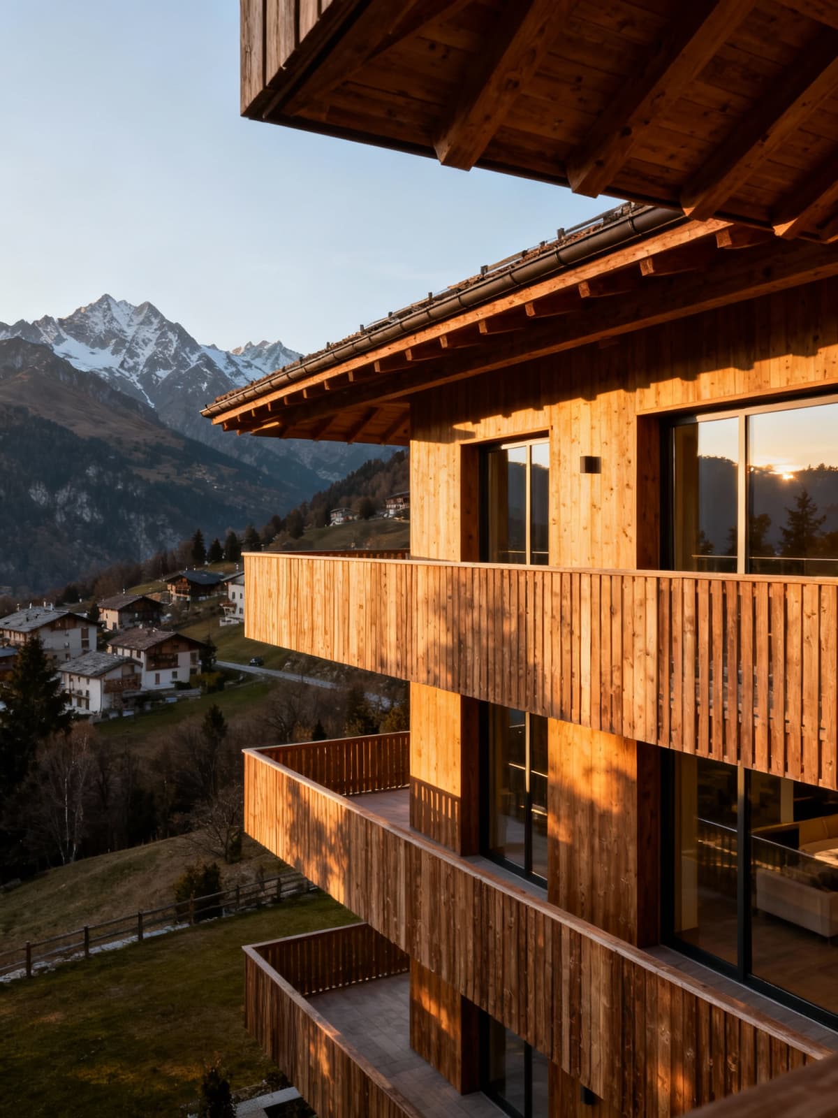 Luxury apartments nestled in the Piedmont Alps, showcasing natural wood and glass details with breathtaking views bathed in evening light.