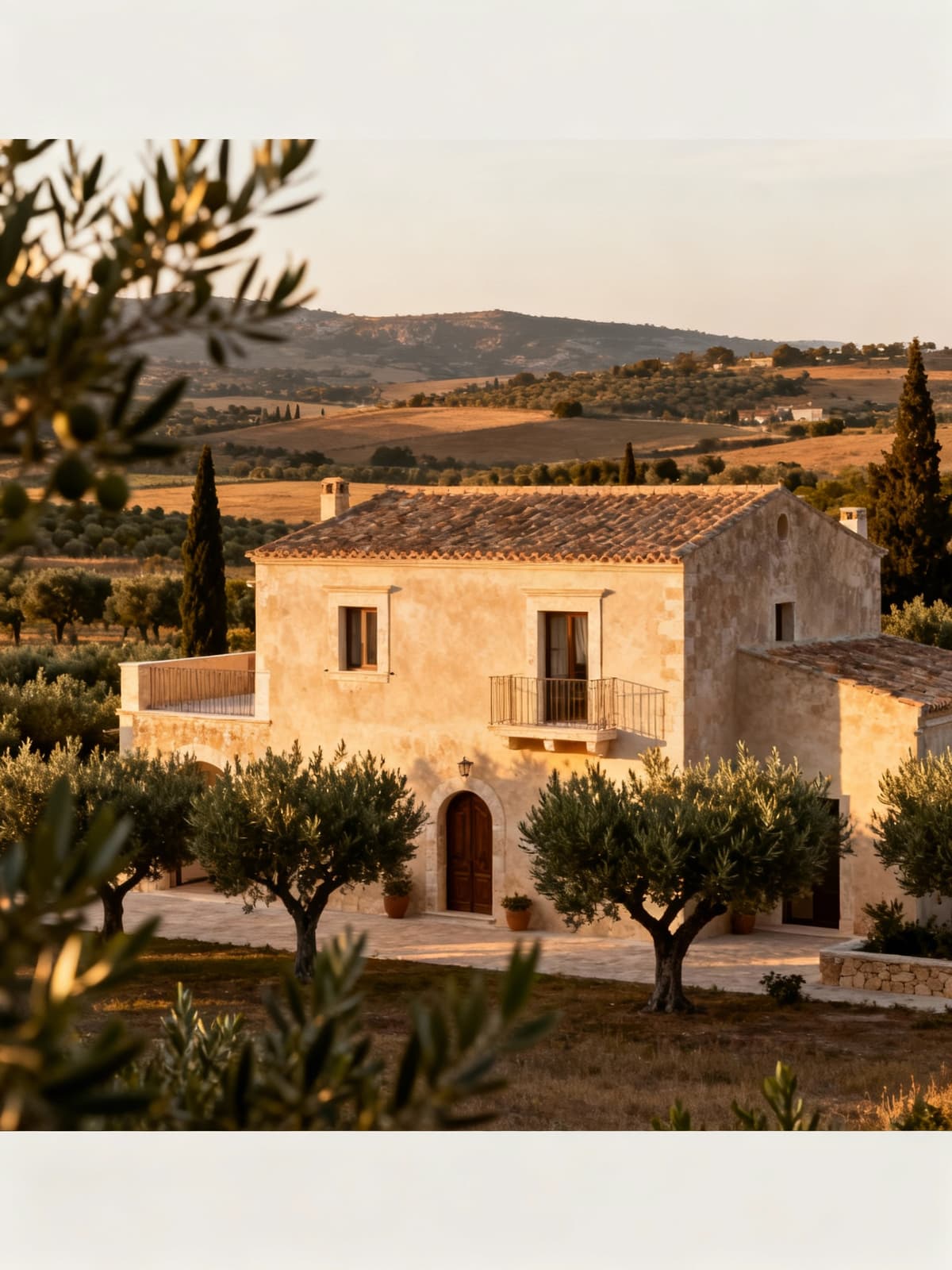 Charming apartments in Sicilian countryside, surrounded by olive groves and rustic landscapes, showcasing elegant interiors.
