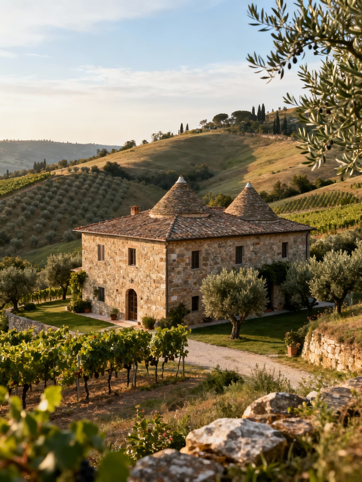 Charming Tuscan farmhouse amidst rolling hills, surrounded by olive groves and vineyards under a bright morning sky.