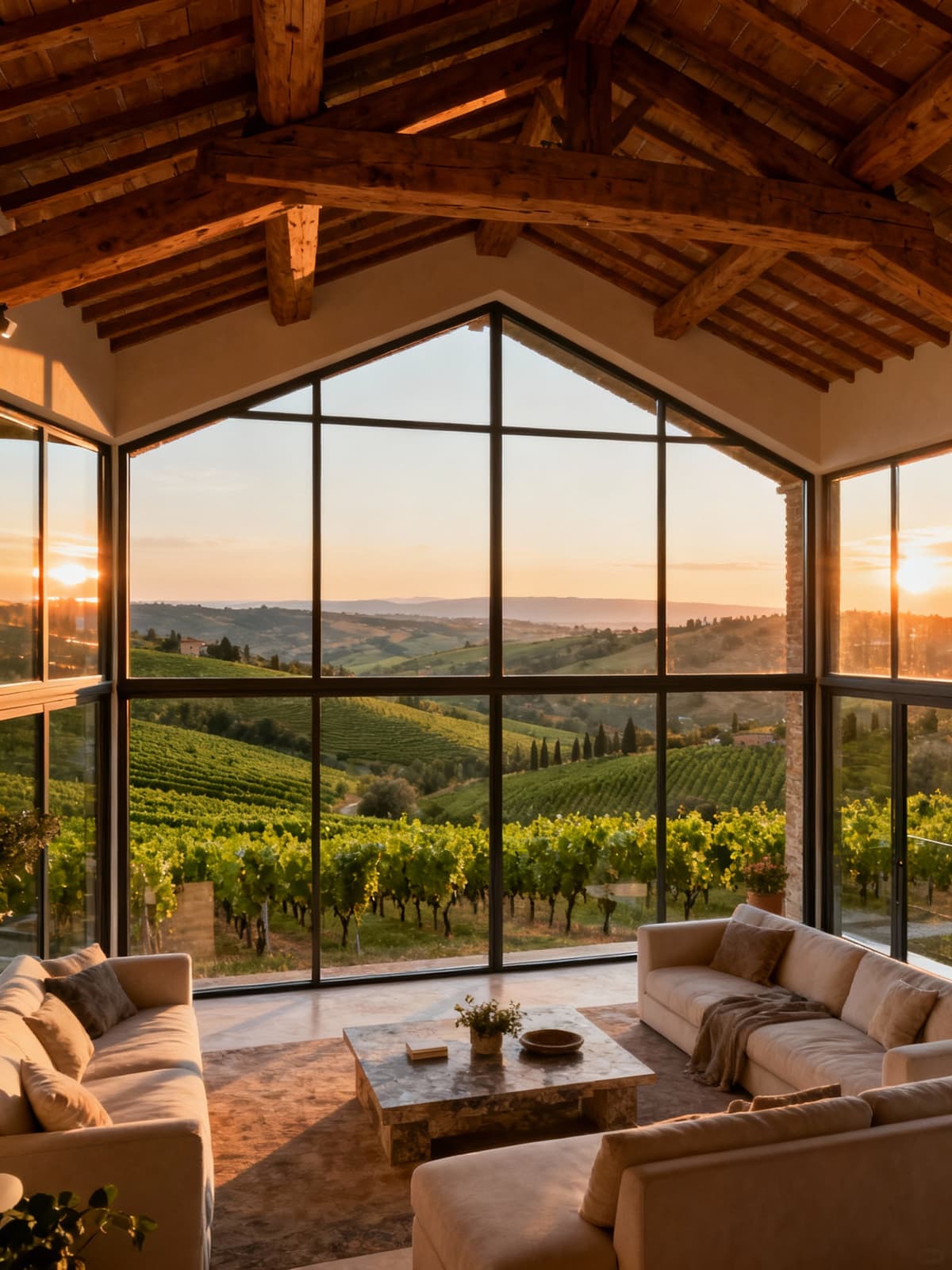 Elegant coastal apartments overlooking the Tuscan countryside, featuring natural wooden beams and stunning vineyard views.