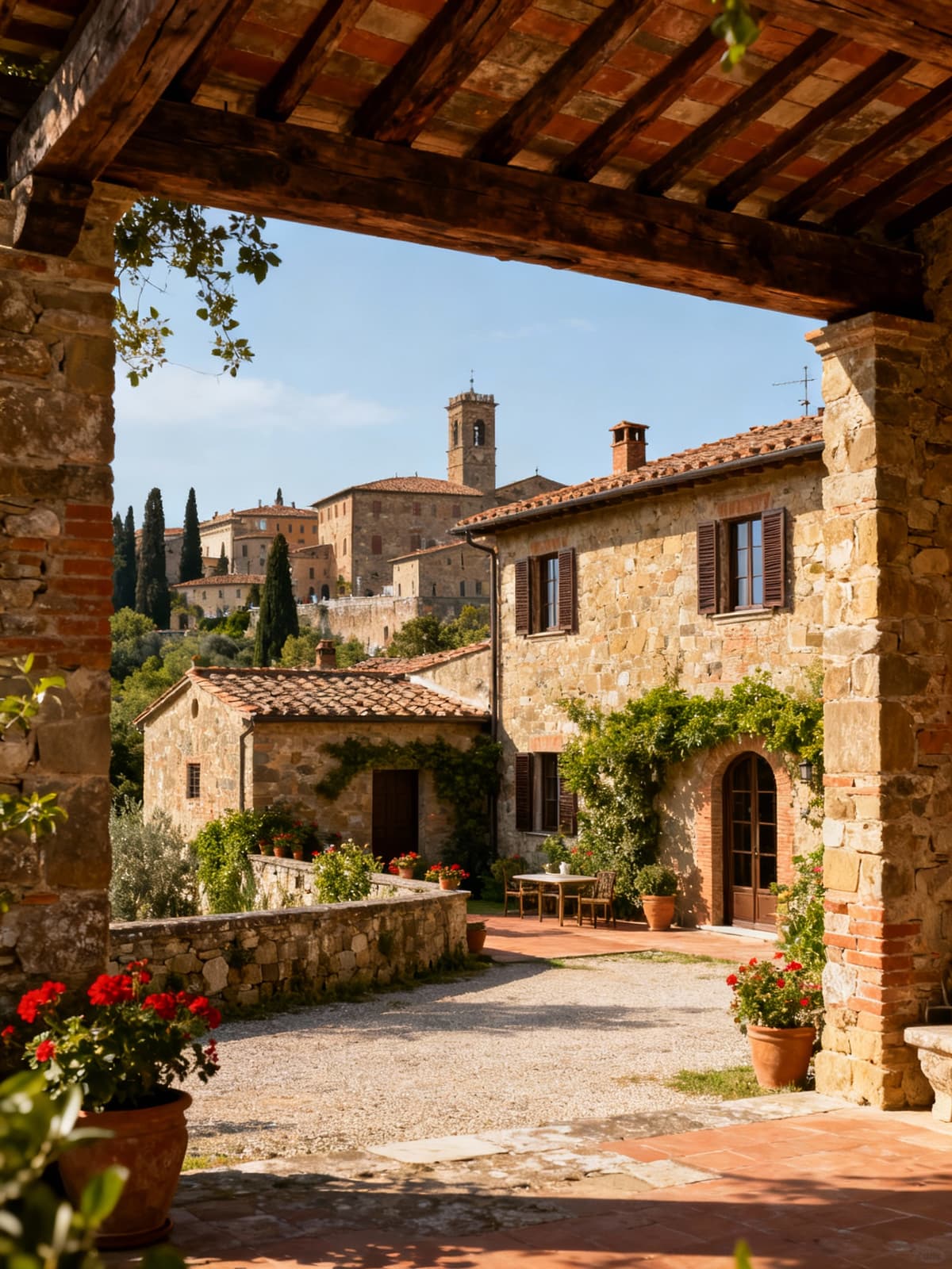 Hyperrealistic square image of luxury rustic villas in Tuscany's historic cities, showcasing the blend of history and nature.