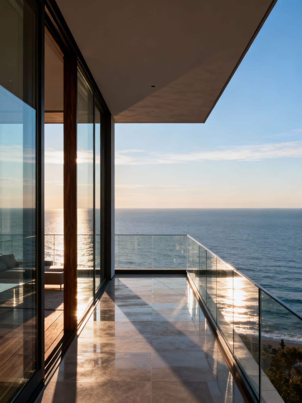 Attico esclusivo in Liguria con ampie vetrate, vista panoramica sul mare e design moderno in legno e vetro.
