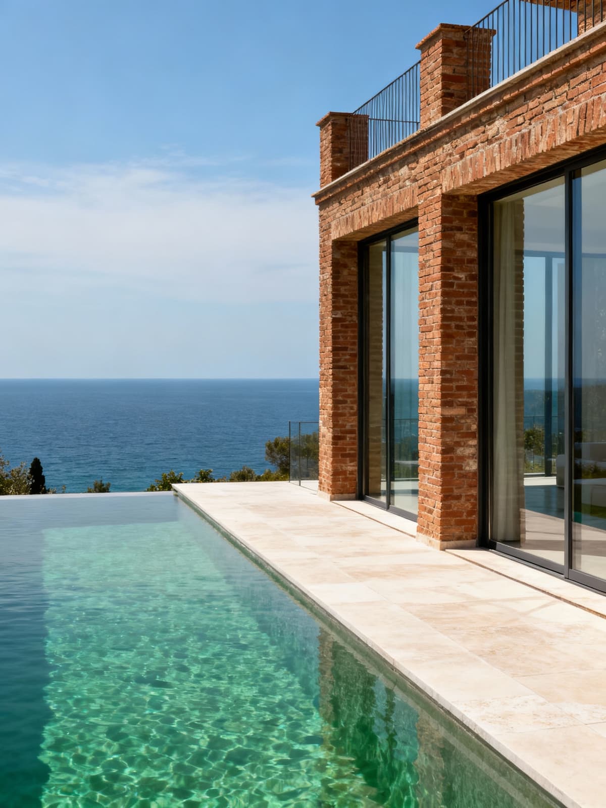 Ville esclusive vista mare in Toscana, con terrazze panoramiche e architettura in mattoni rustici e vetro.