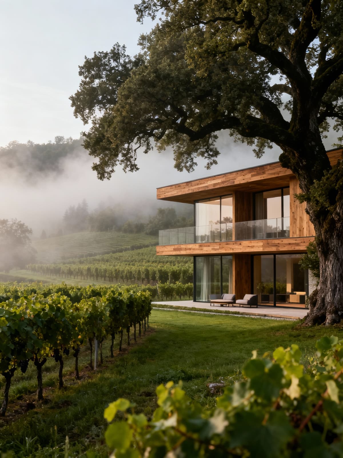 Luxurious terraced house in Tuscany's coastline, surrounded by ancient trees and vineyards in a misty morning atmosphere.