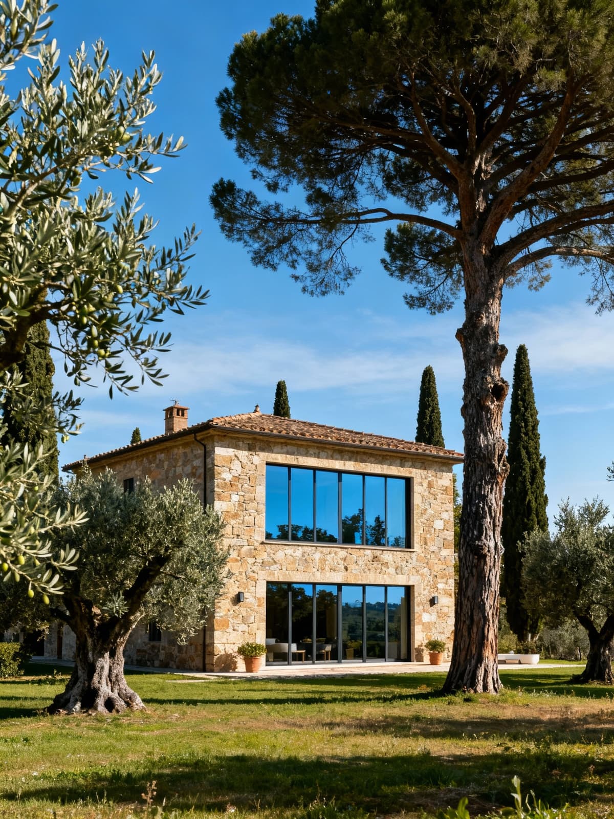 Charming villa in the Tuscan countryside among ancient olive trees and cypress, blending natural stone and serene skies.
