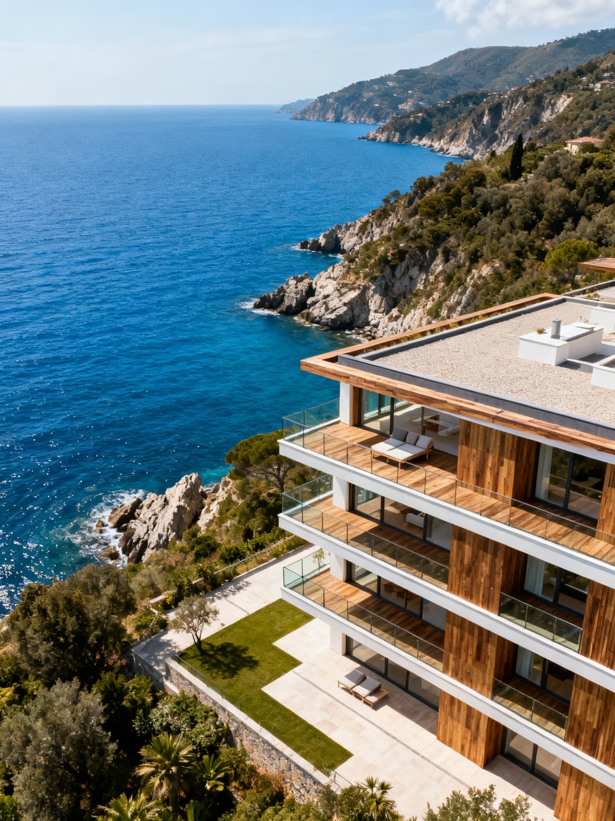 Elegant Tuscan apartment overlooking blue sea, featuring modern architecture harmoniously blending with rugged coastline.