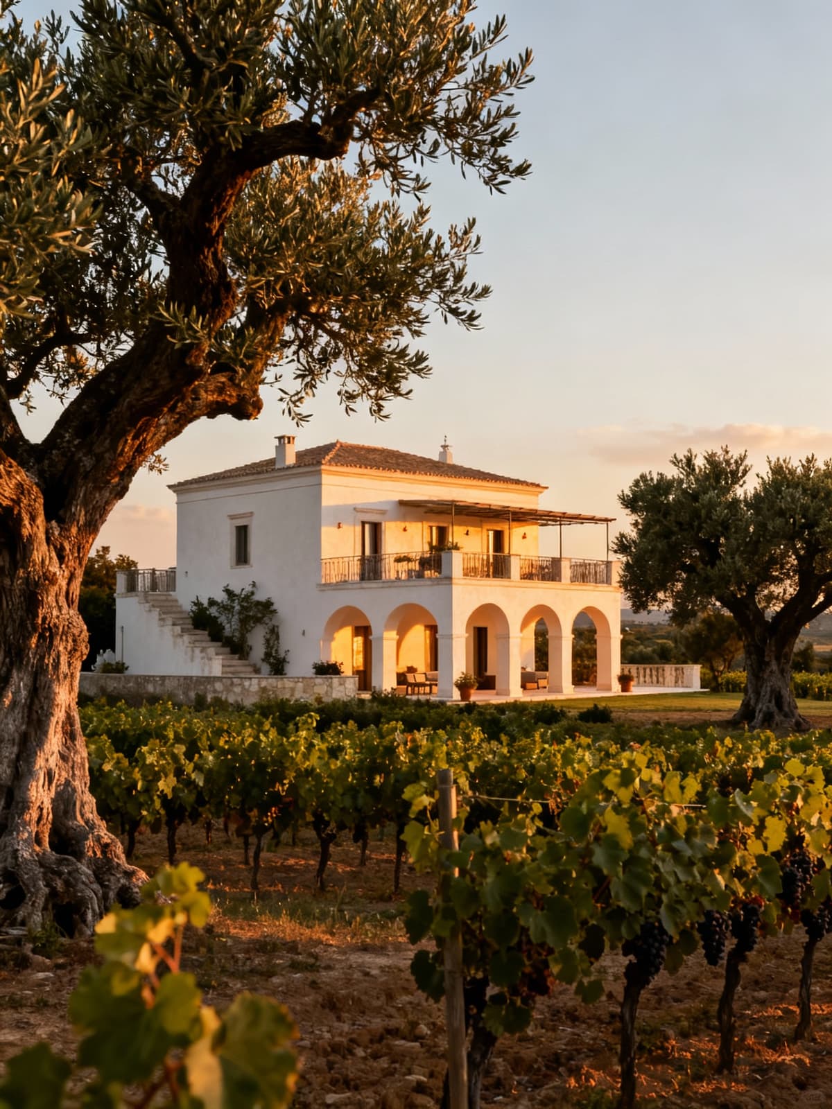 Luxury villa nestled among the breathtaking peaks of the Dolomites, surrounded by ancient olive trees and lush vineyards at sunset.
