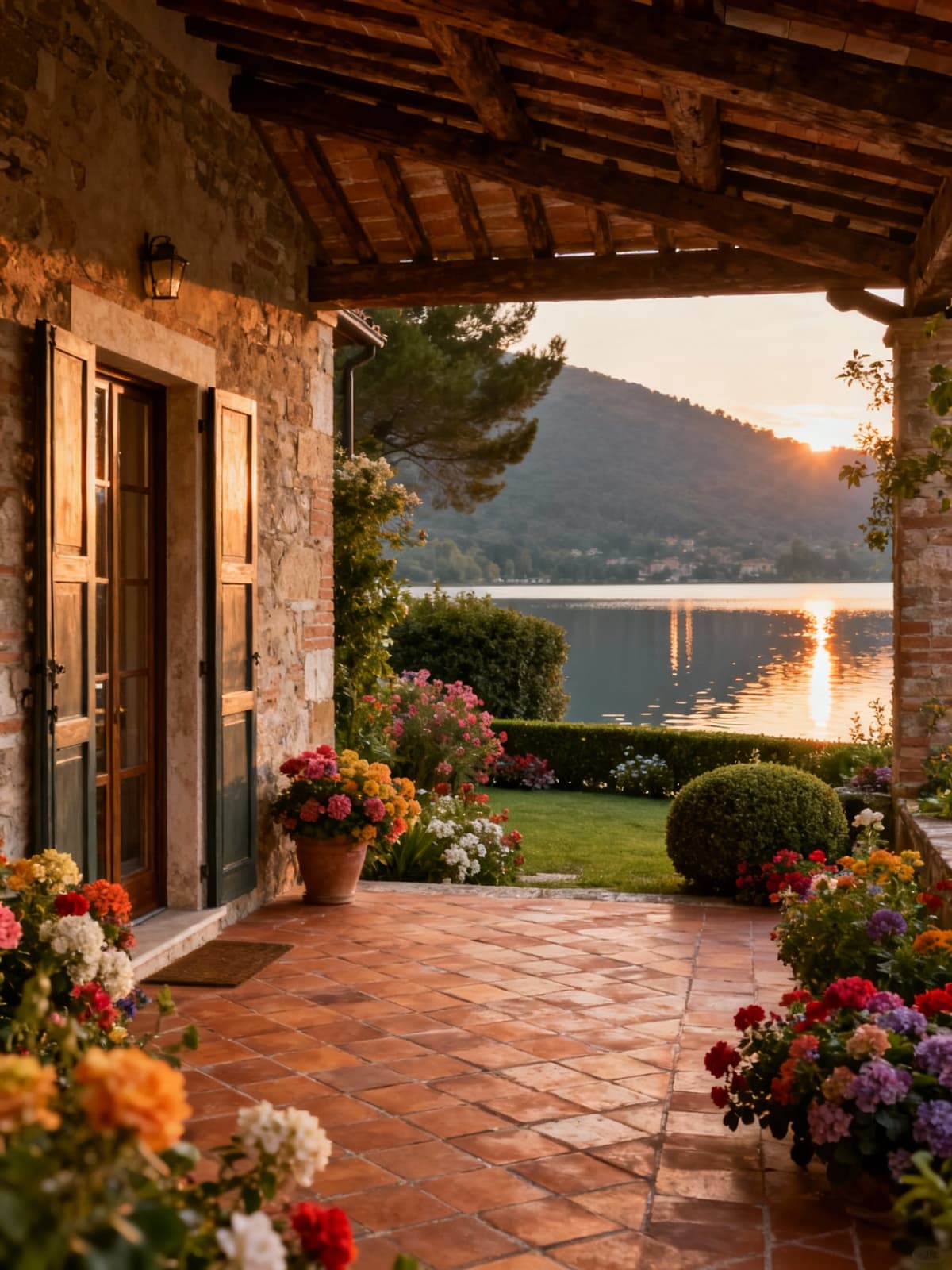 Rustic farmhouse by a serene lake, showcasing exposed beams, terracotta floors, and a vibrant landscaped garden.