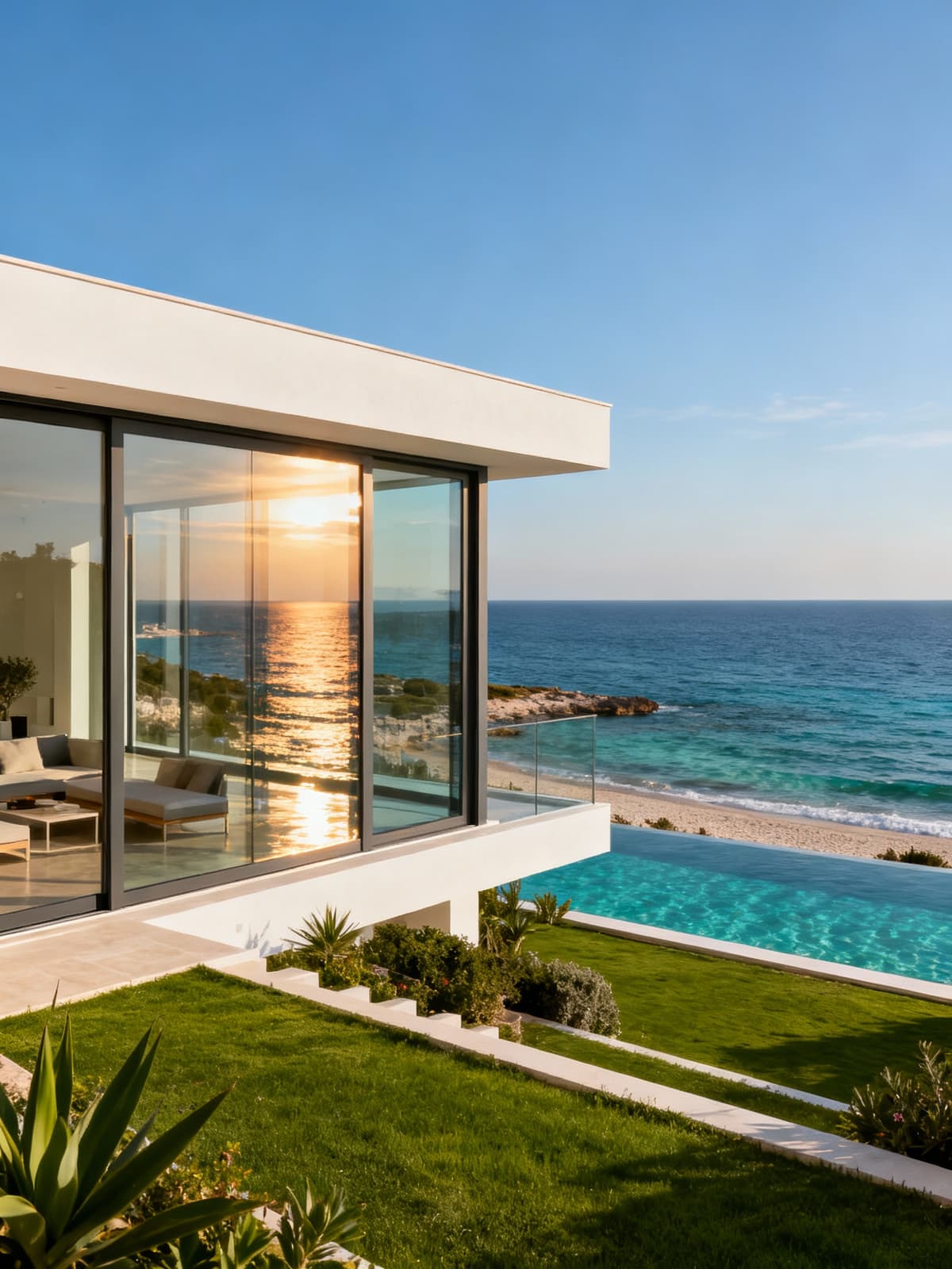 Exclusive villa overlooking the crystal-clear sea of Puglia, featuring large windows and landscaped gardens, offers direct beach access.