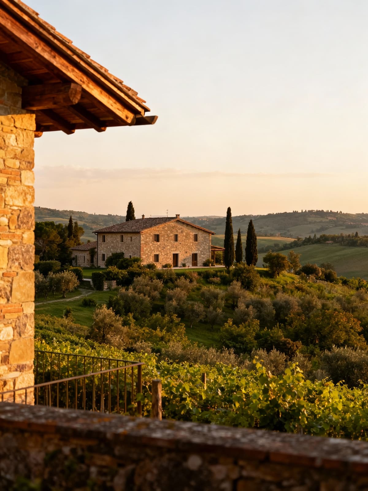 Charming rustic villas nestled in Umbria's green heart, blending seamlessly with nature in warm afternoon light.