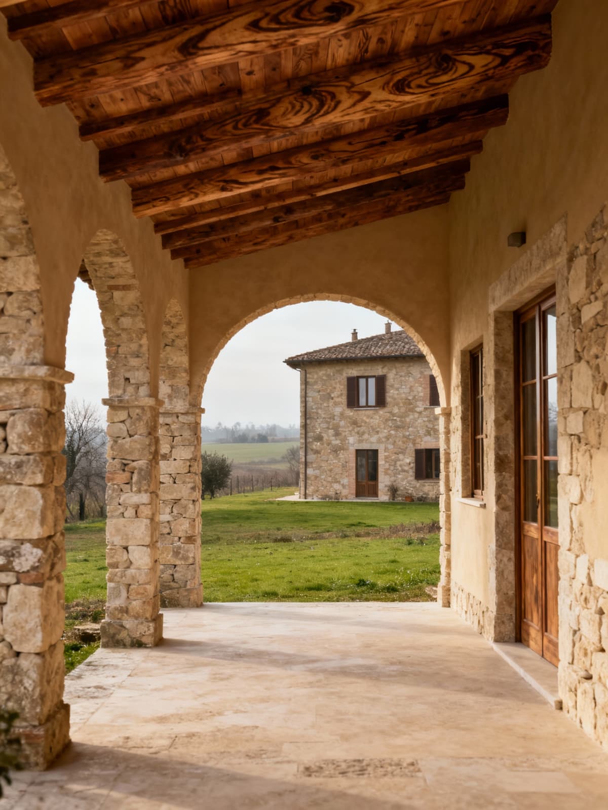 Casali rustici di lusso immerse nella campagna romana, illuminati da una luce invernale, con dettagli in pietra e legno.