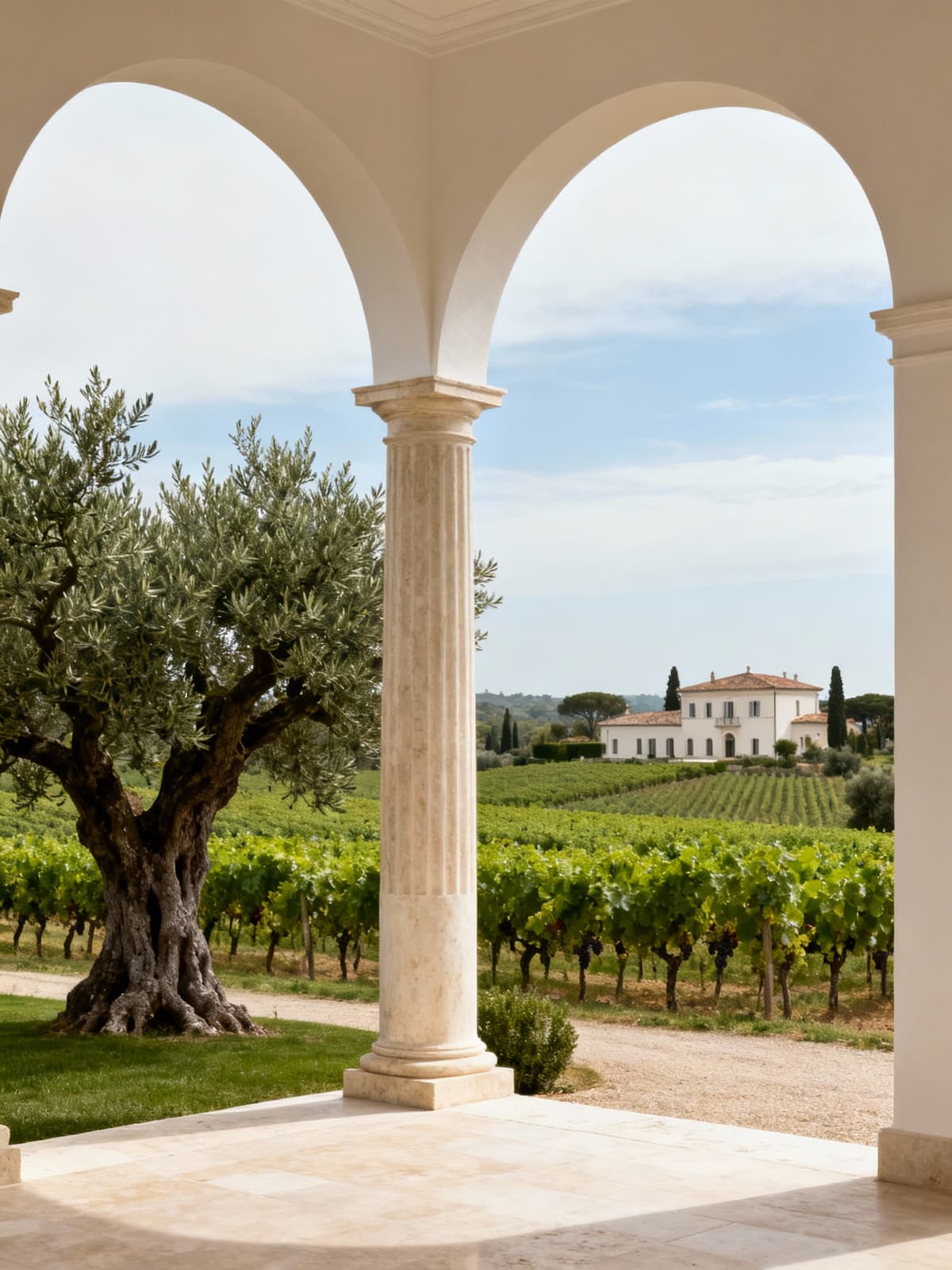 Elegant villa in Roman countryside amidst ancient olive groves and lush vineyards, showcasing timeless architectural details.