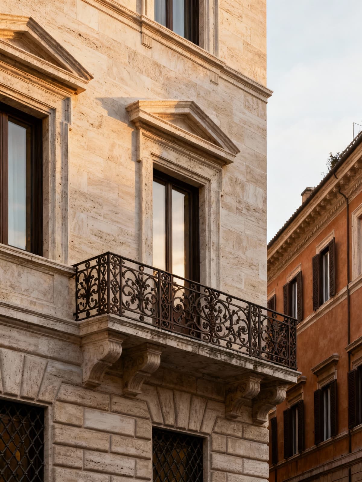 Historic buildings and luxury residences in Rome, featuring travertine façades and wrought iron details, bathed in soft winter light.