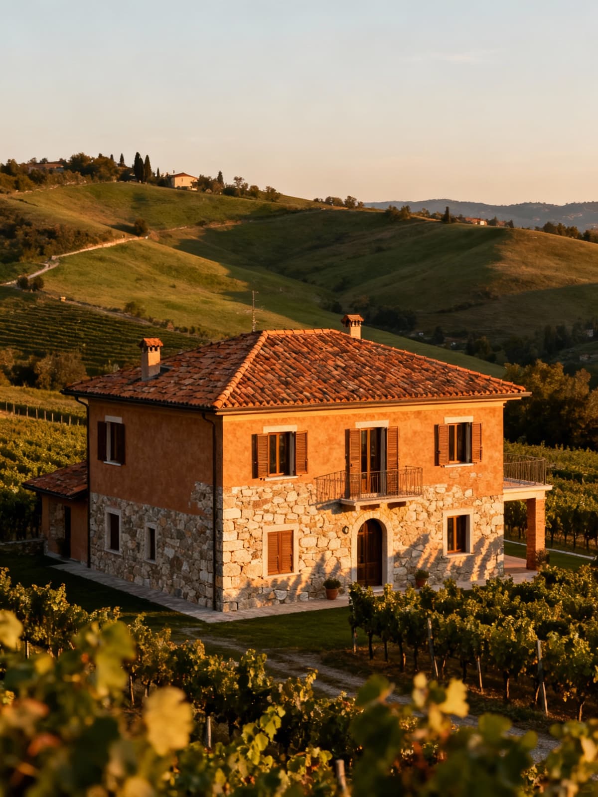 Charming independent house amidst Brescia's countryside, surrounded by vineyards and gentle hills, radiating warmth at sunset.