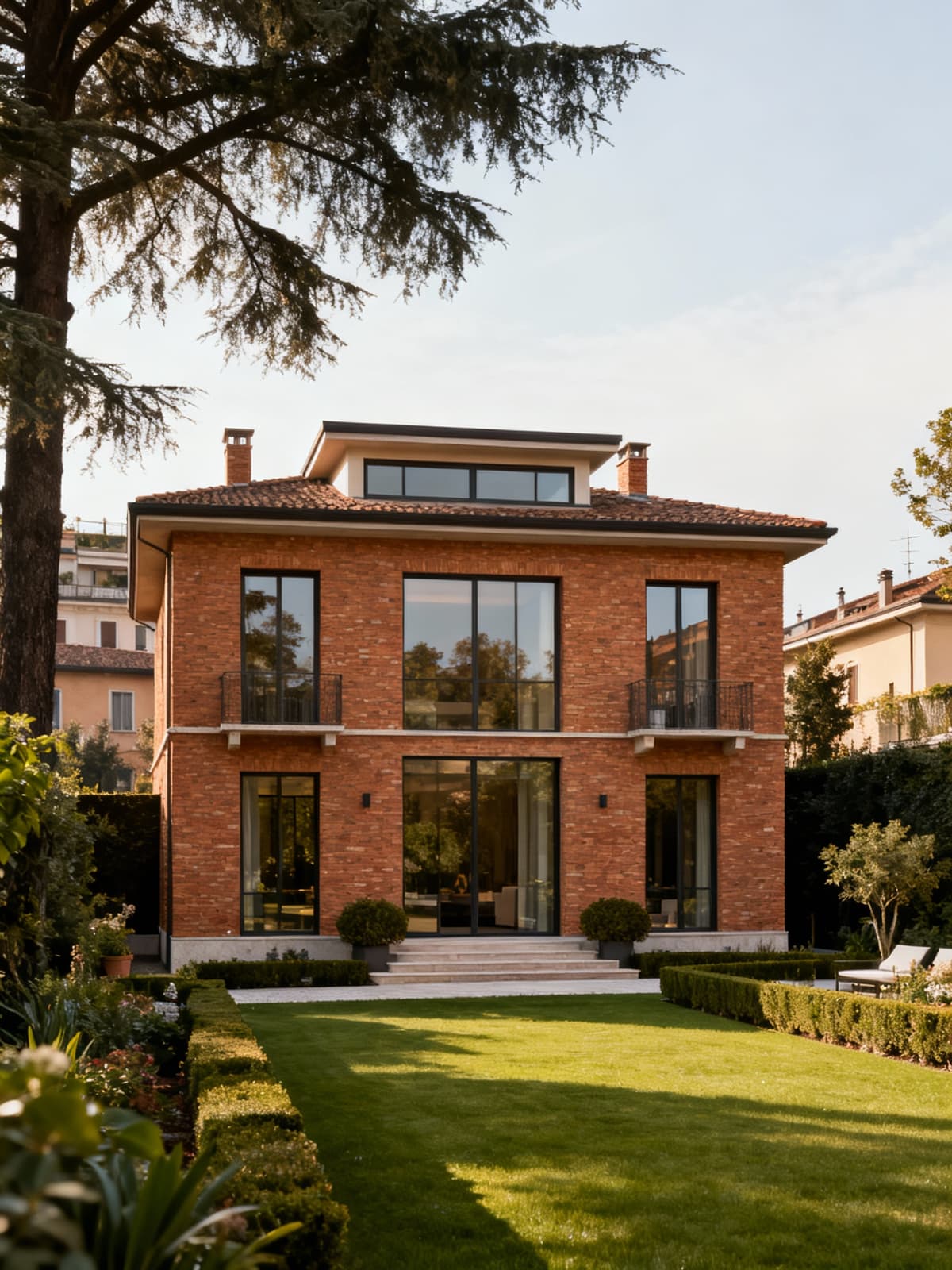 Prestigious villas in Brescia, showcasing elegant brick and glass architecture, surrounded by lush private gardens.