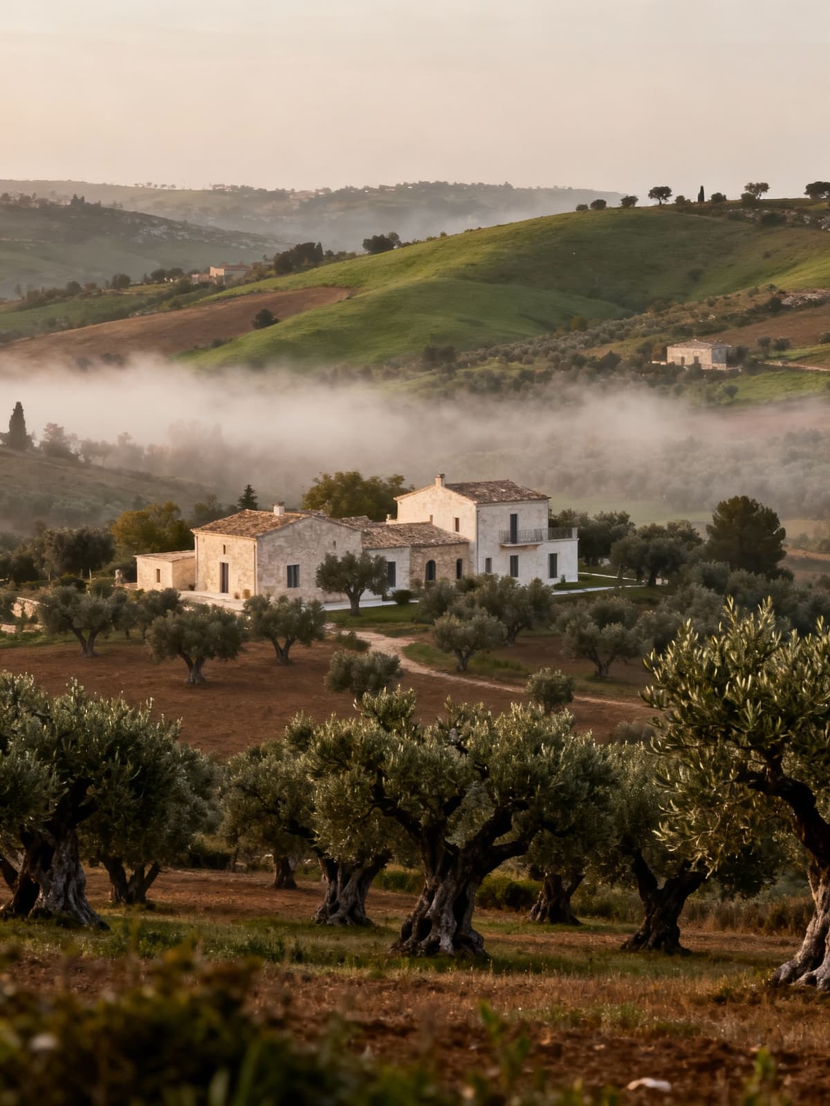 Case indipendenti nella campagna salentina, circondate da ulivi secolari e nebbia mattutina, evocano tradizioni pugliesi.