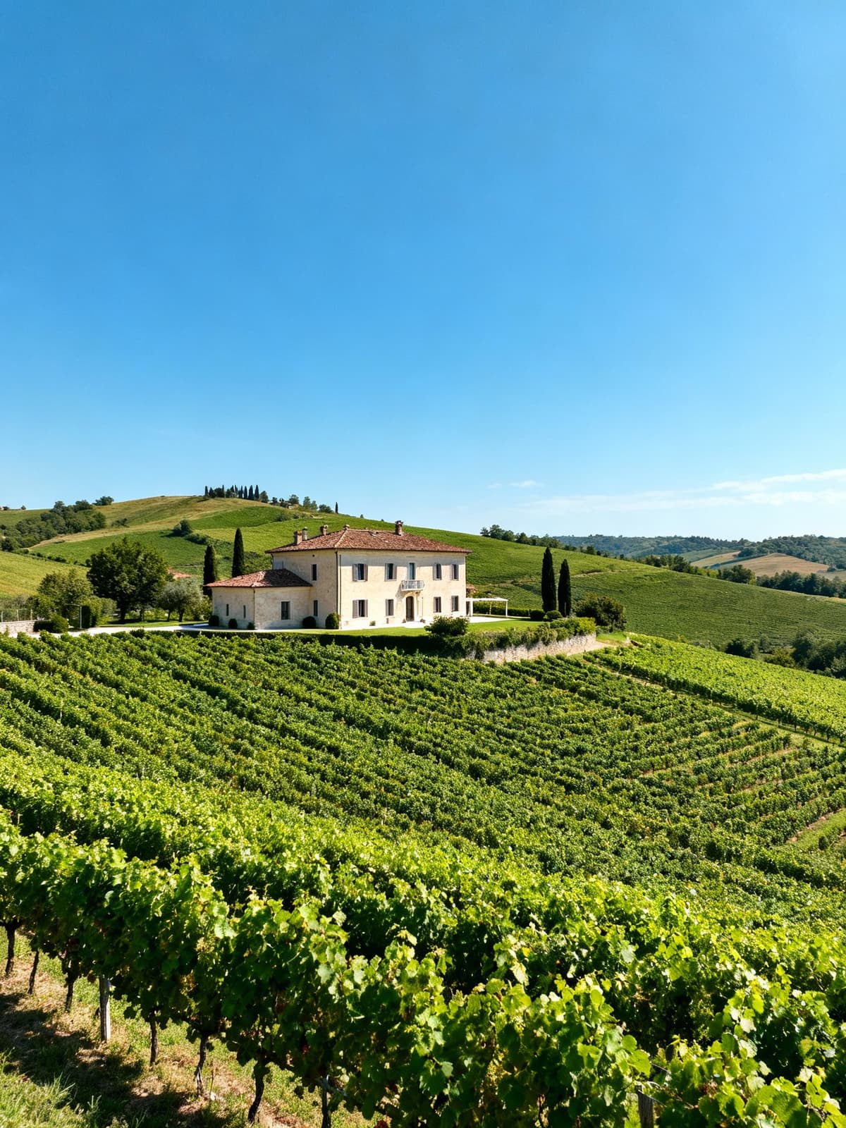 Charming villa nestled in the tranquil Asti hills, showcasing lush vineyards under a sunny blue sky.