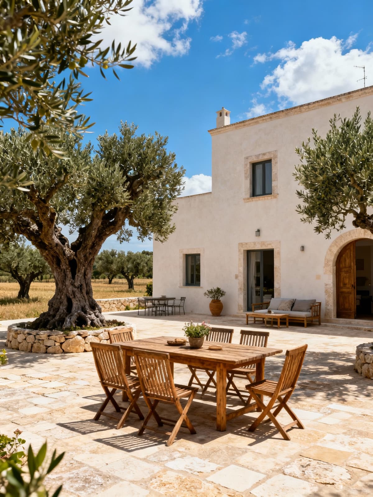 Agriturismo elegante con intonaco chiaro, patio arredato, ulivi secolari e cielo sereno nel cuore della campagna salentina.