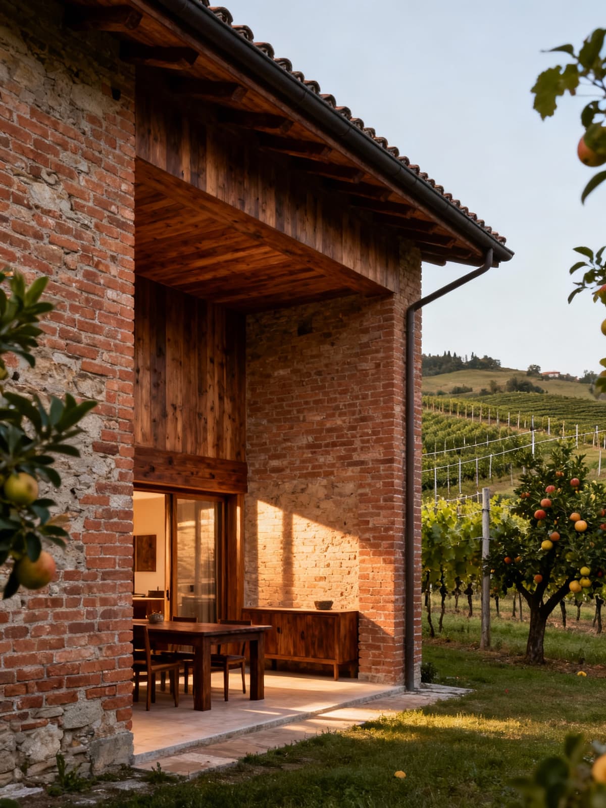 Idyllic agritourism nestled in the gentle hills of Cuneo, showcasing modern and traditional wooden and brick interiors.