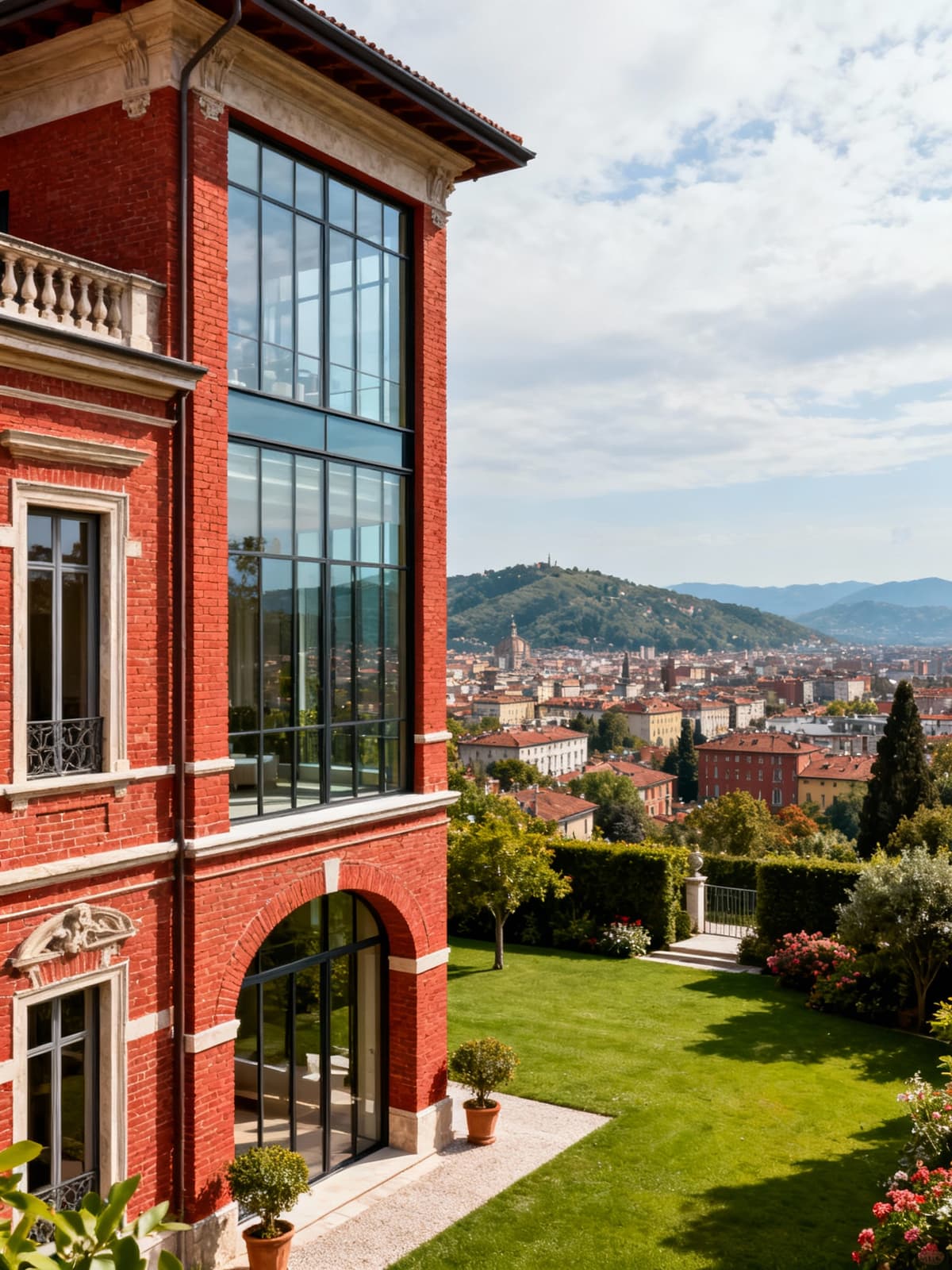 Ville eleganti a Torino, con mattoni rossi e grandi finestre, vista dal giardino privato che unisce storia e modernità.