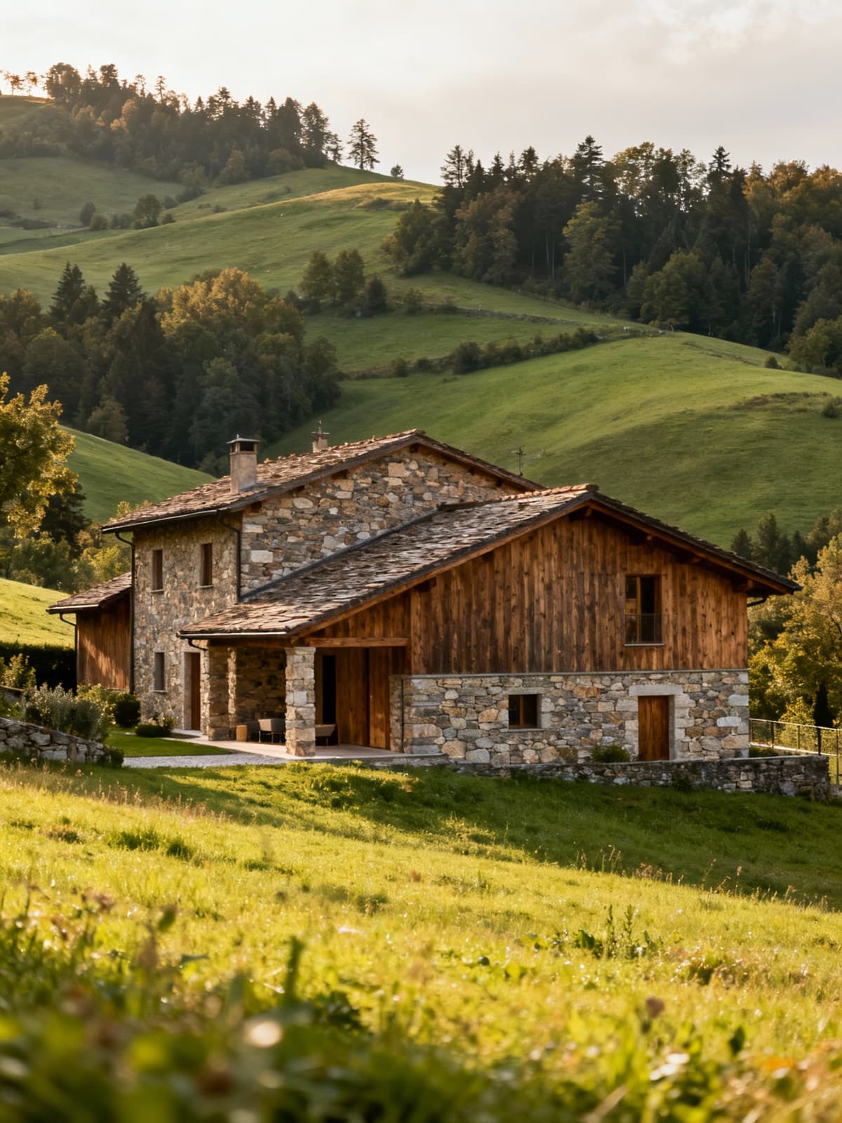 Rustic farmhouse in the picturesque Turin countryside, surrounded by hills and woods, featuring authentic stone and wood materials.
