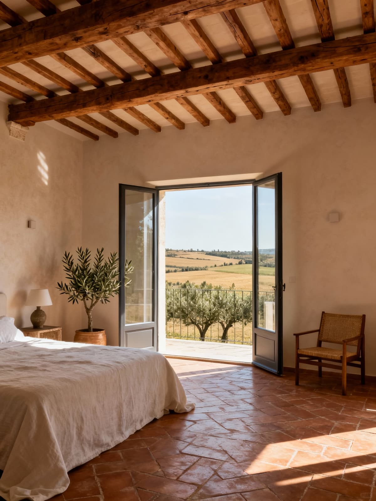 Appartamento di charme nella campagna leccese, circondato da ulivi secolari, con eleganti travi in legno e vista panoramica.