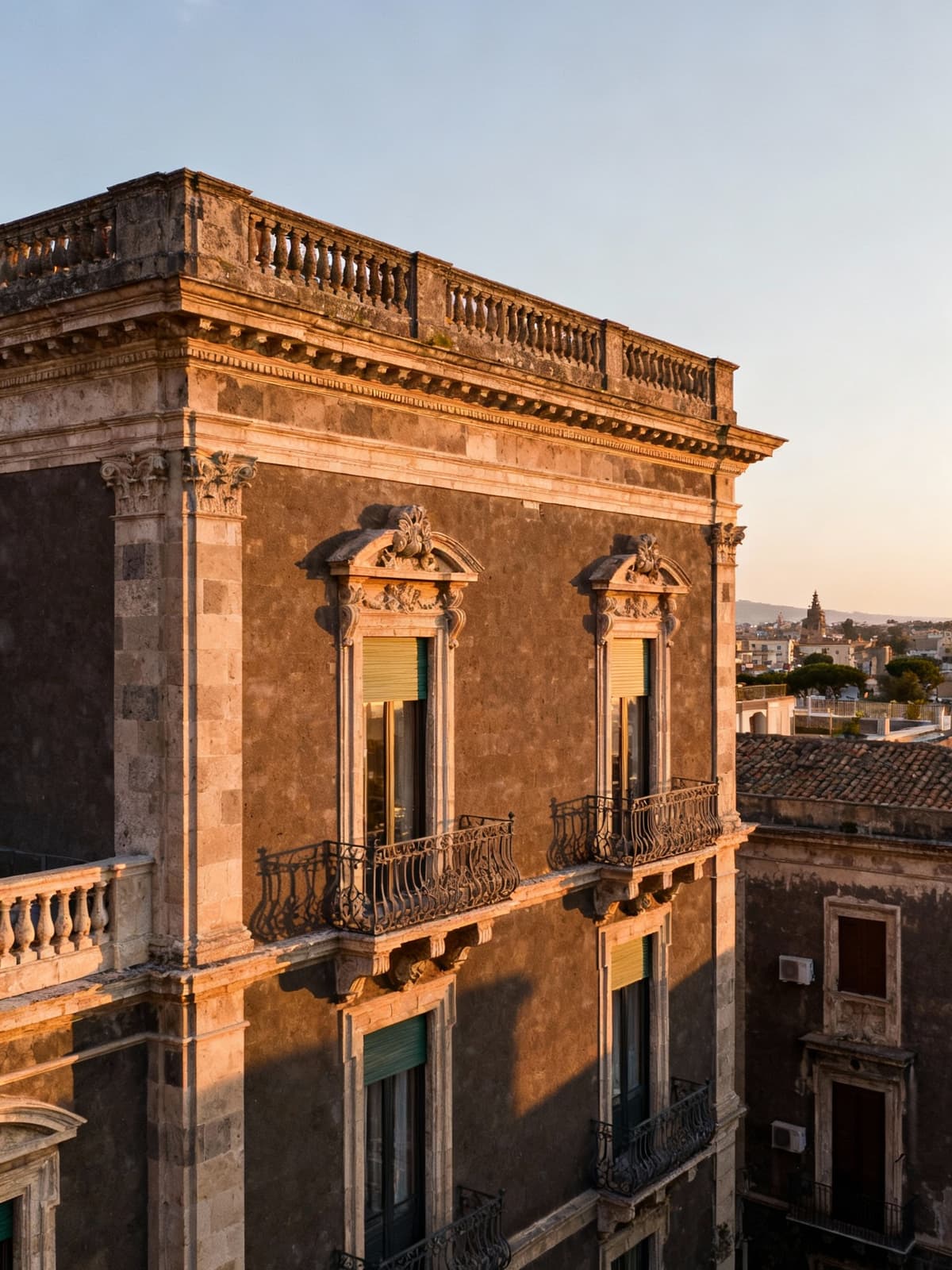 Prestigious villas in the heart of Catania showcase exquisite architecture and warm afternoon light, blending history and modernity.