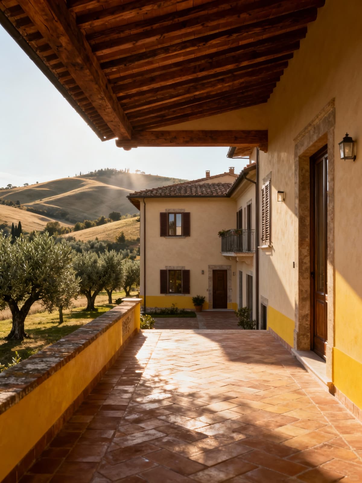 Appartamenti di lusso nella campagna aretina, circondati da uliveti e colline, con materiali tradizionali e calda atmosfera.