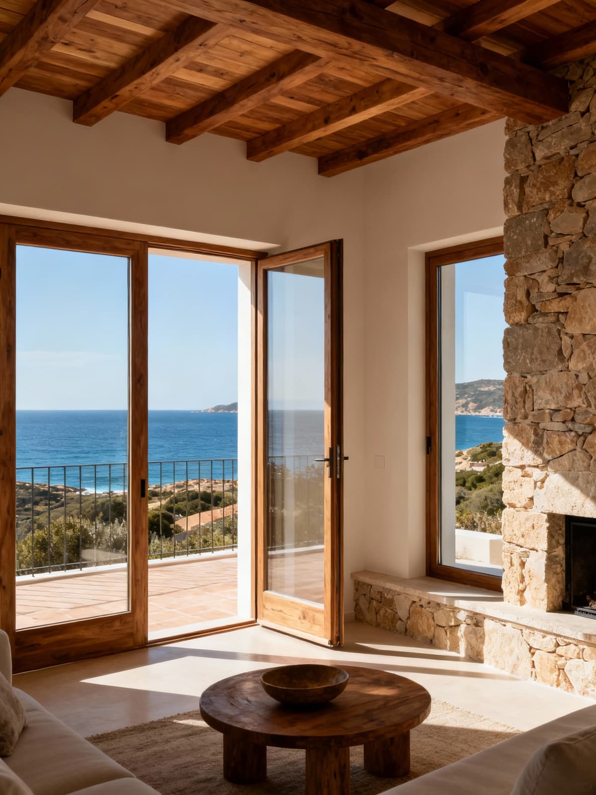 Appartamenti di lusso a Sassari con vista mare, interni luminosi ed eleganti dettagli in legno e pietra.