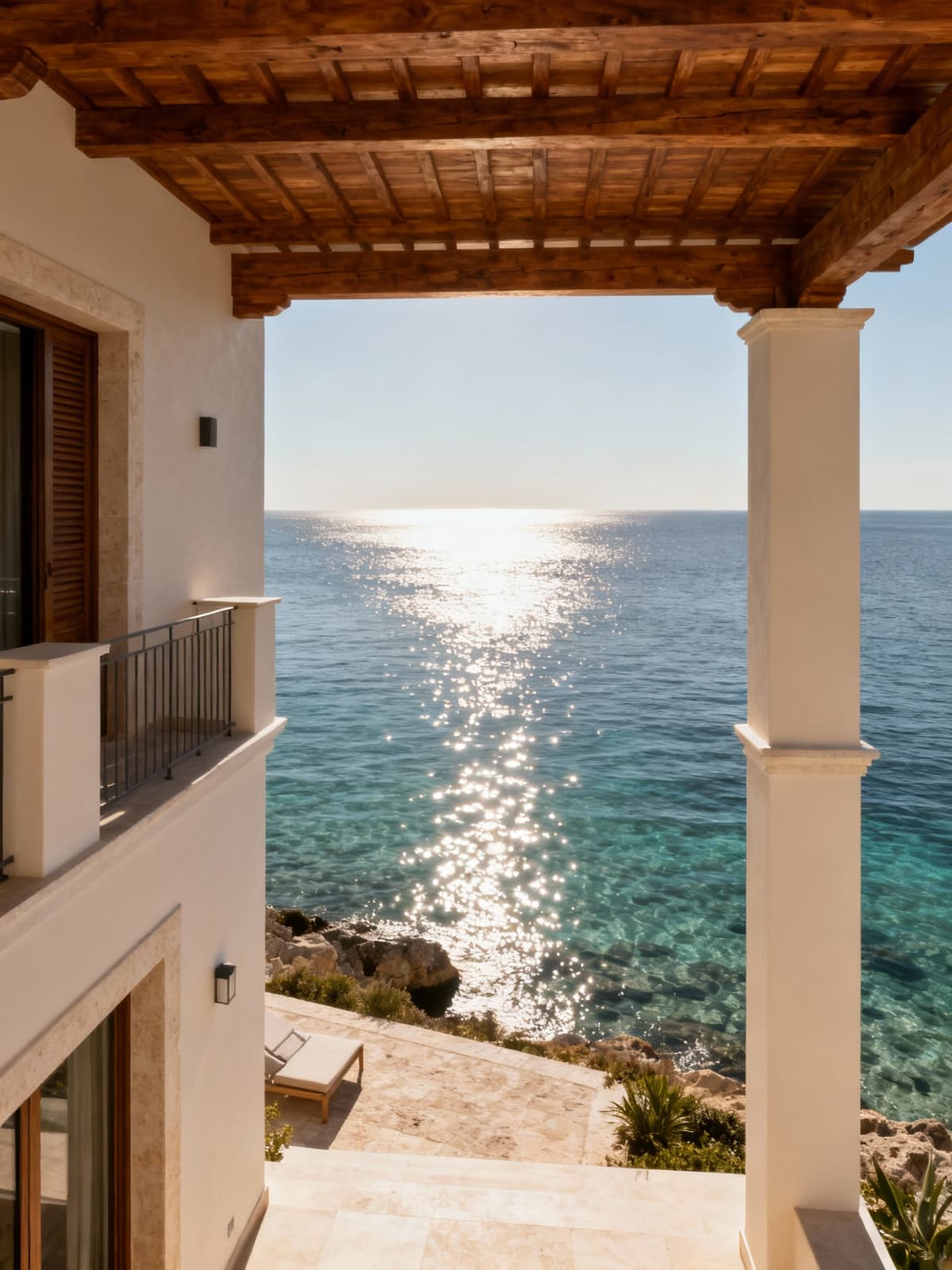 Exclusive villas in Syracuse featuring light plaster and wooden details, overlooking crystal-clear waters under morning light.