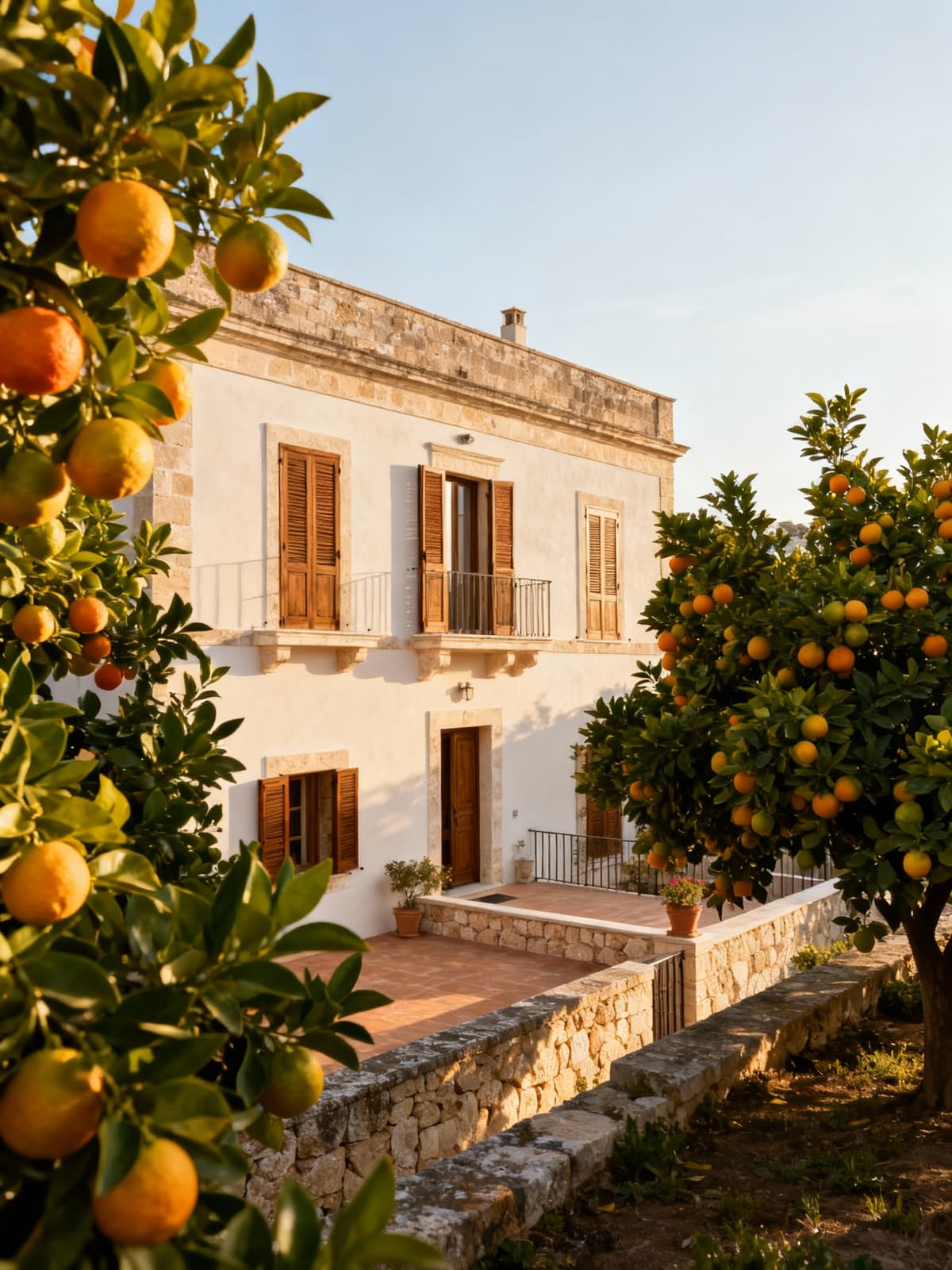 Charming apartments in Sicilian countryside amidst fragrant citrus groves and ancient architecture, bathed in morning light.