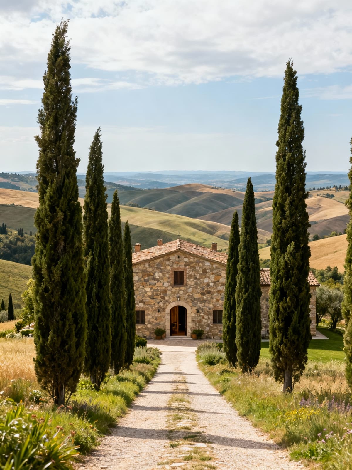 Rustic Tuscan farmhouse overlooking rolling hills, featuring a stone facade and cypress-lined path leading to the entrance.
