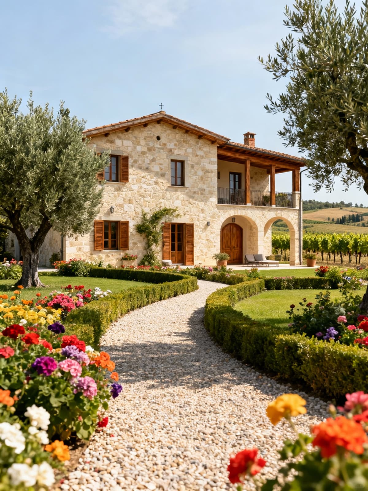 Luxury villa in Tuscany's countryside, surrounded by olive trees and vineyards, featuring a well-manicured garden with colorful flowers.