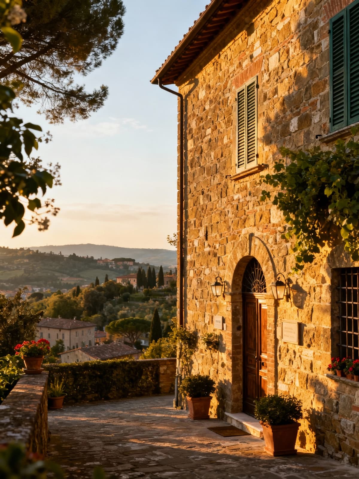 Charming rustic property in historic Arezzo, bathed in morning light, highlighting stone walls and captivating architecture.