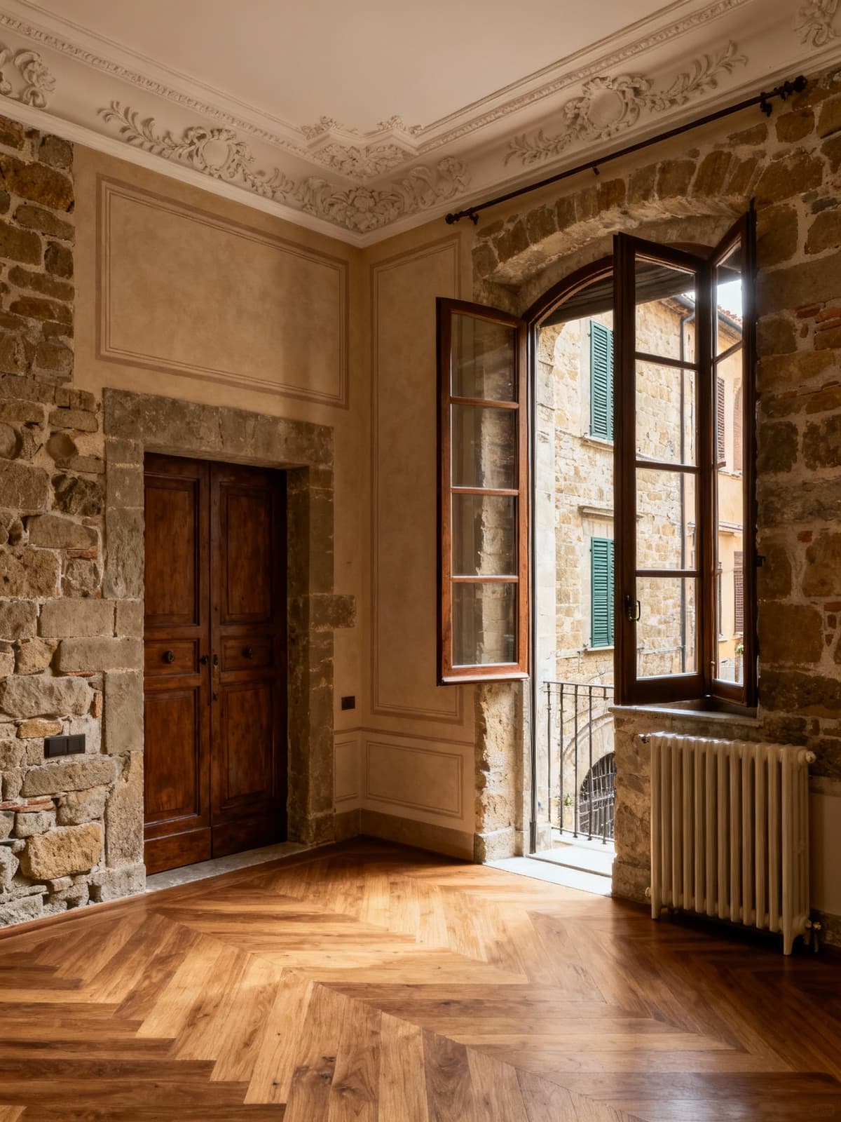 Appartamento di lusso ad Arezzo con pareti in pietra e pavimenti in legno, incantevole atmosfera storica e dettagli eleganti.
