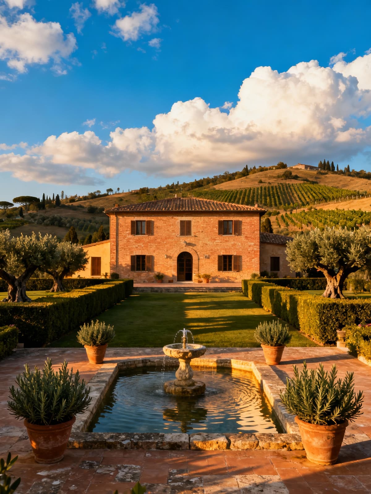Prestigious villas in Arezzo, surrounded by stunning Tuscan landscapes and elegant gardens under bright afternoon light.