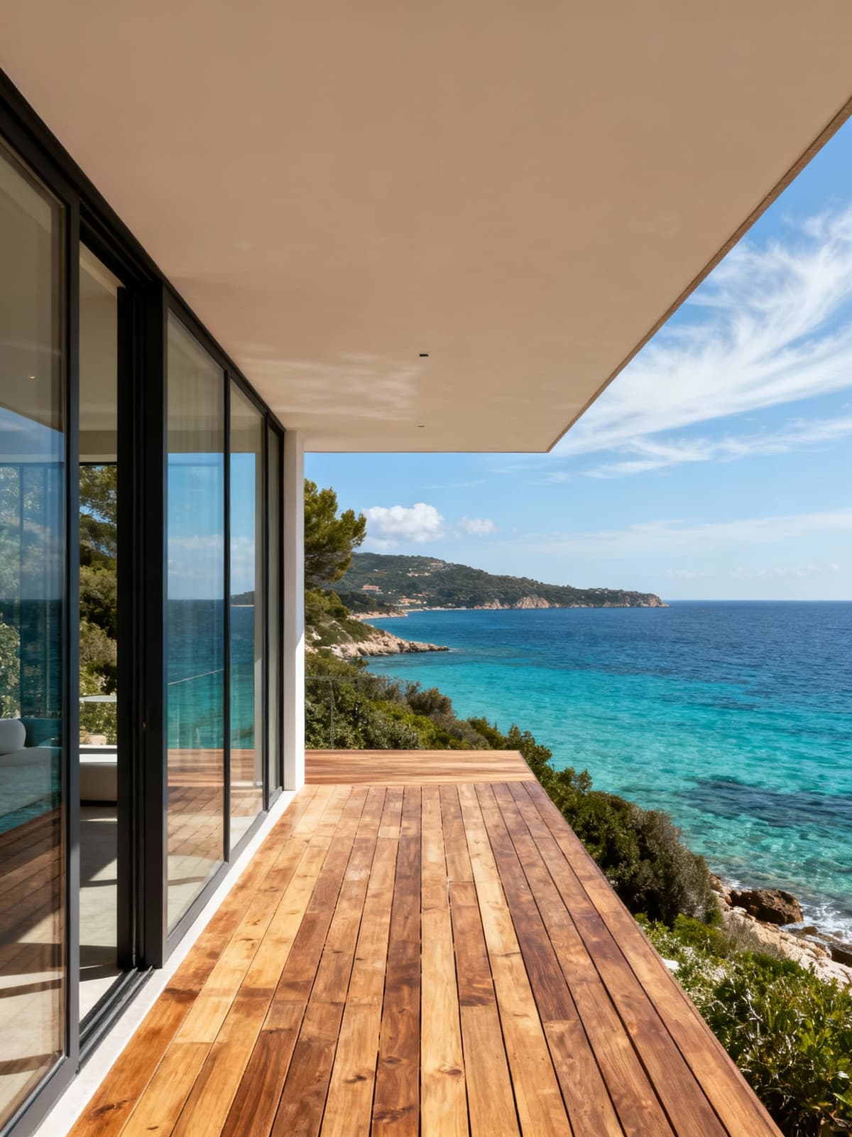 Luxury villa in Tuscany's Argentario, overlooking crystal-clear sea with wooden terraces and large windows blending into the landscape.