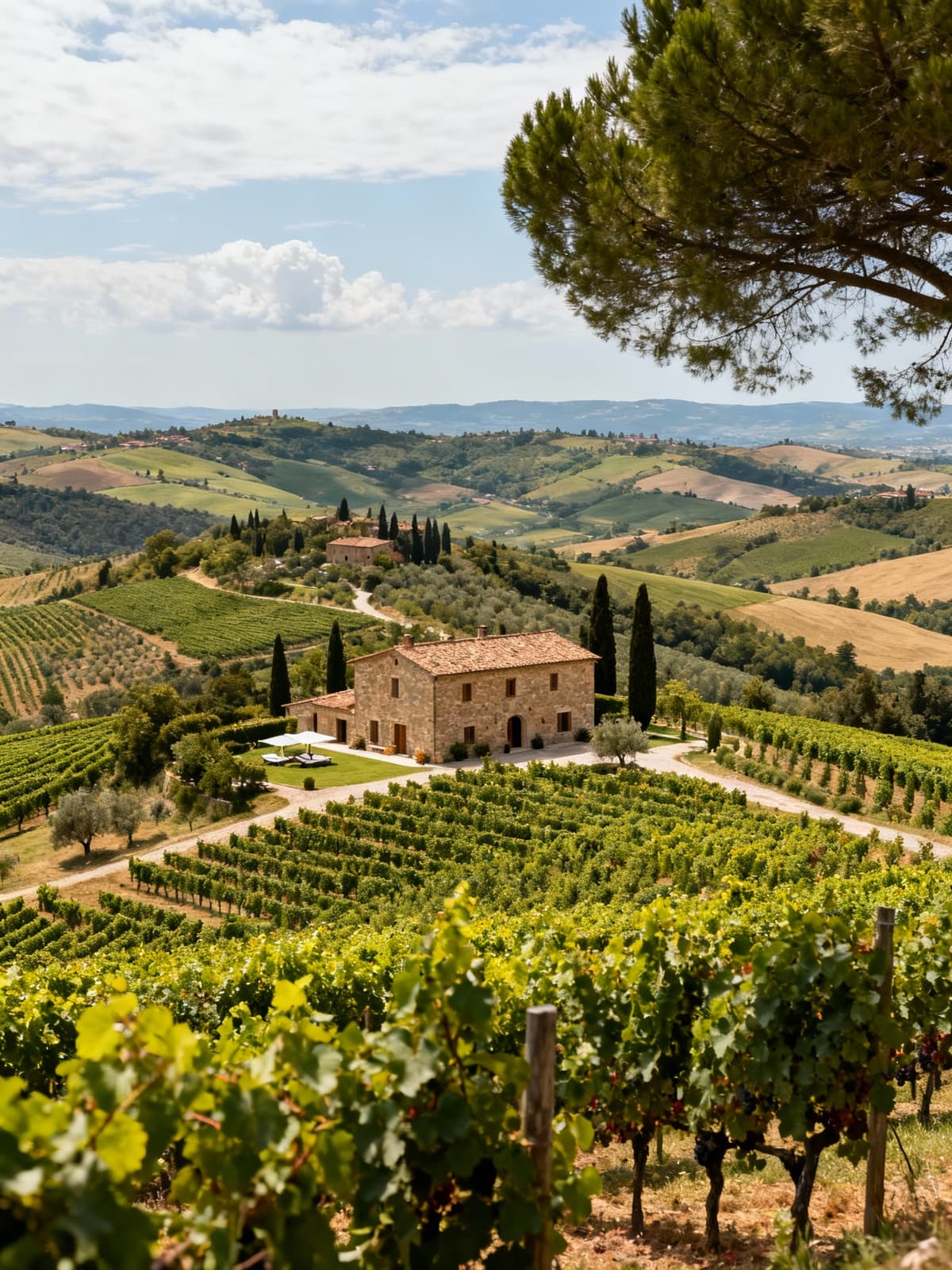 Agriturismi eleganti nel Chianti toscano, circondati da vigneti e colline mozzafiato in vista panoramica.