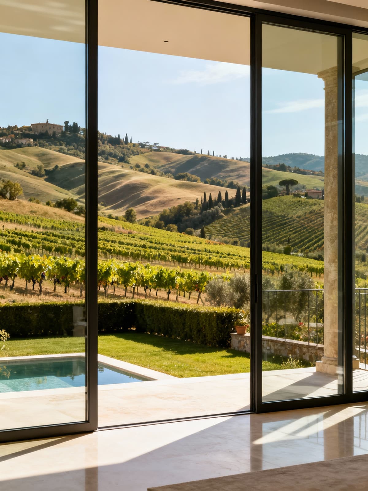 Appartamenti lussuosi nella campagna fiorentina, circondati da colline e vigneti, con ampie finestre che illuminano gli spazi.