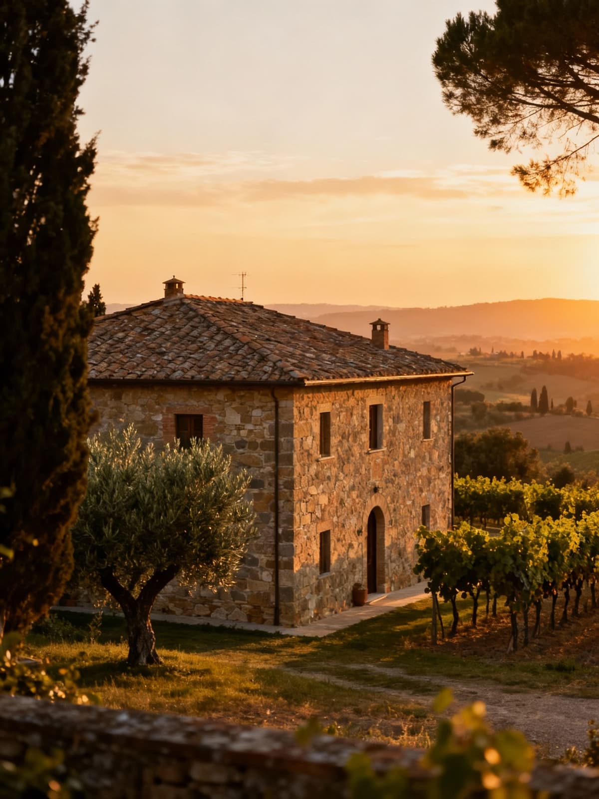 Rustic villas nestled in the Florentine countryside, featuring stone walls, terracotta roofs, and olive groves at sunset.