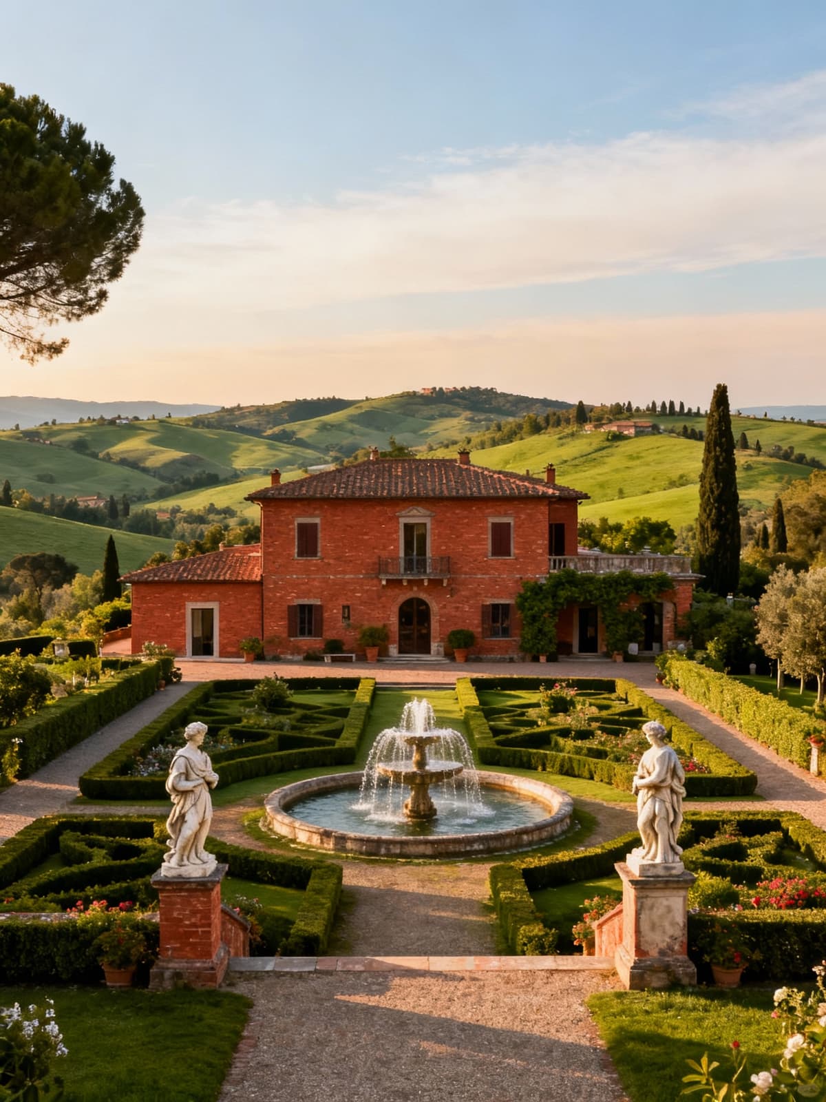 Exclusive villa in the Florentine countryside, surrounded by lush hills, featuring a classic Italian garden with fountains and sculptures.