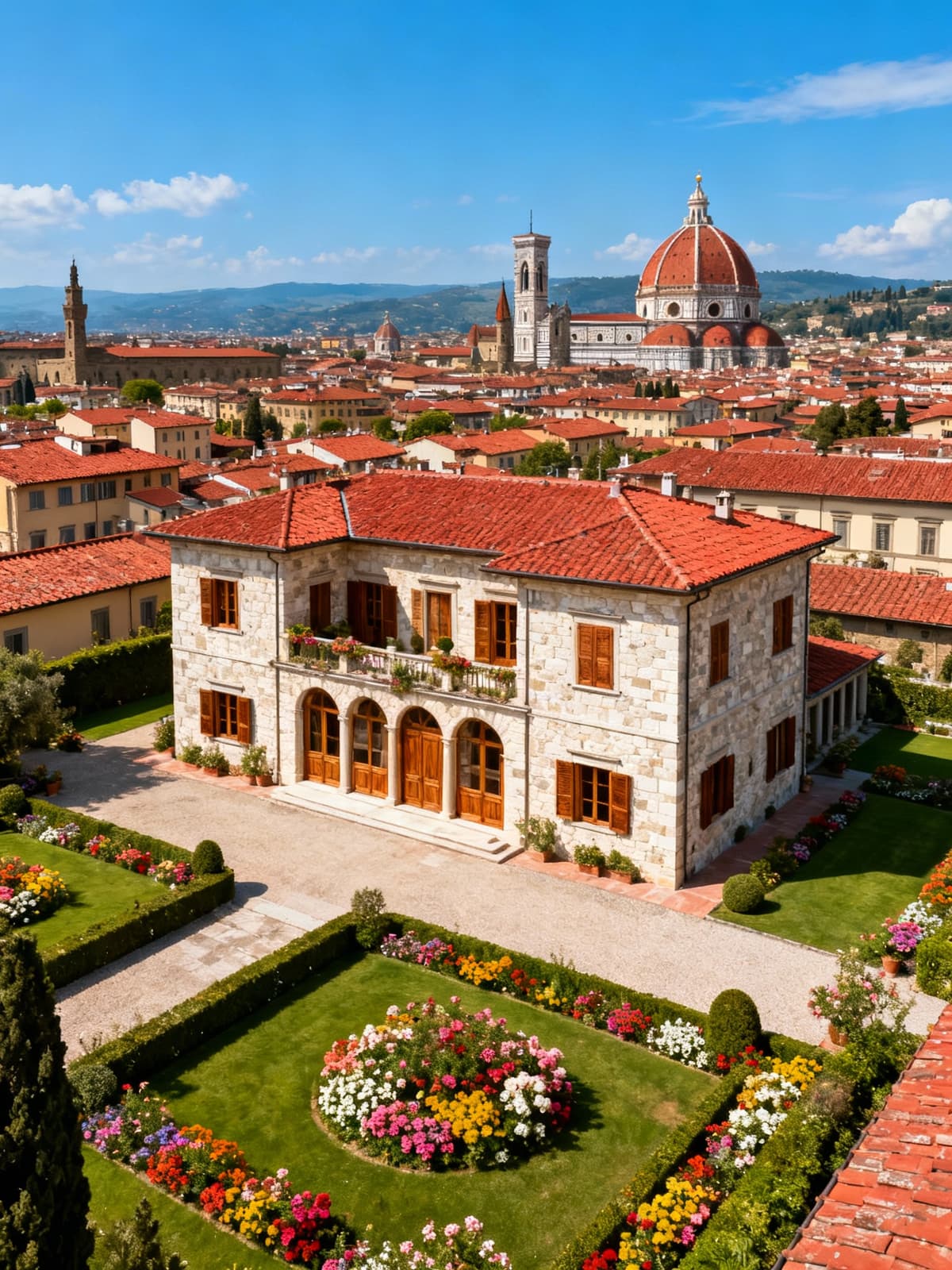 Elegant villa in Florence surrounded by artistic masterpieces, featuring light stone facades, lush gardens, and scenic rooftops.