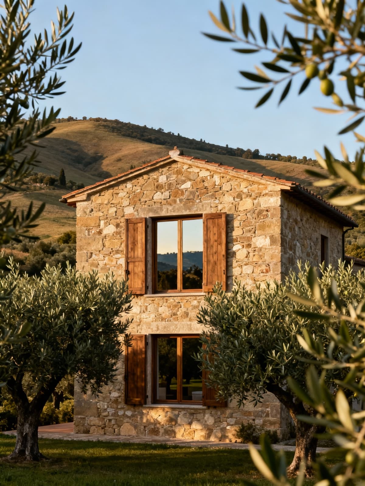 Exclusive villa in the Tuscan Grosseto countryside, surrounded by olive groves and rolling hills under a clear sky.