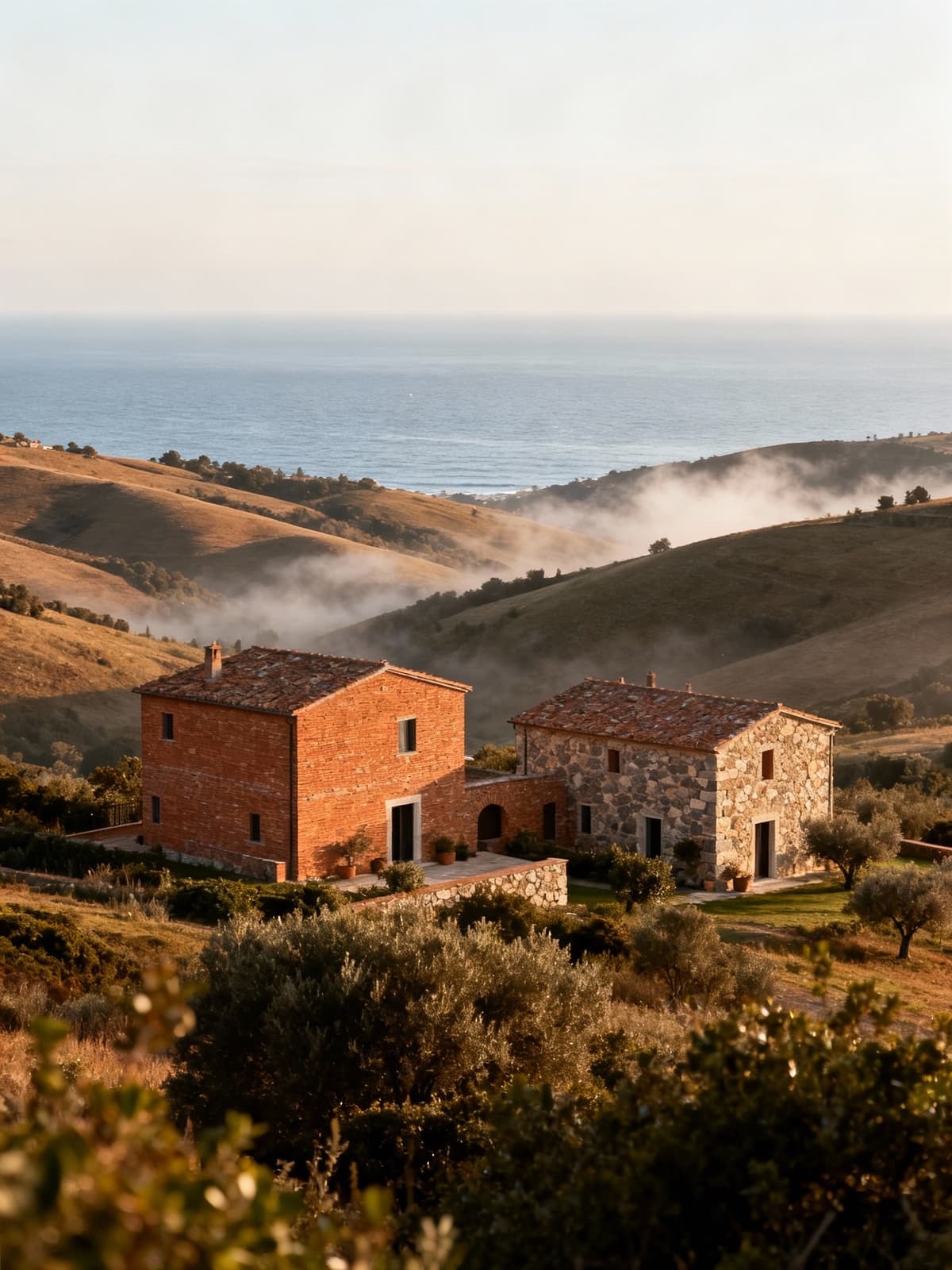 Charming rustic homes in the Livorno countryside, surrounded by rolling hills and sparkling sea in a misty morning atmosphere.