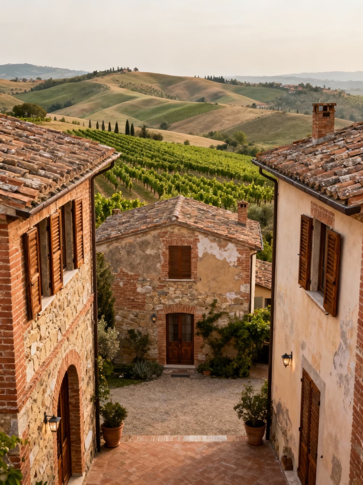 Appartamenti di charme nella campagna senese, circondati da colline e vigneti, con facciate in mattoni e legno naturale.