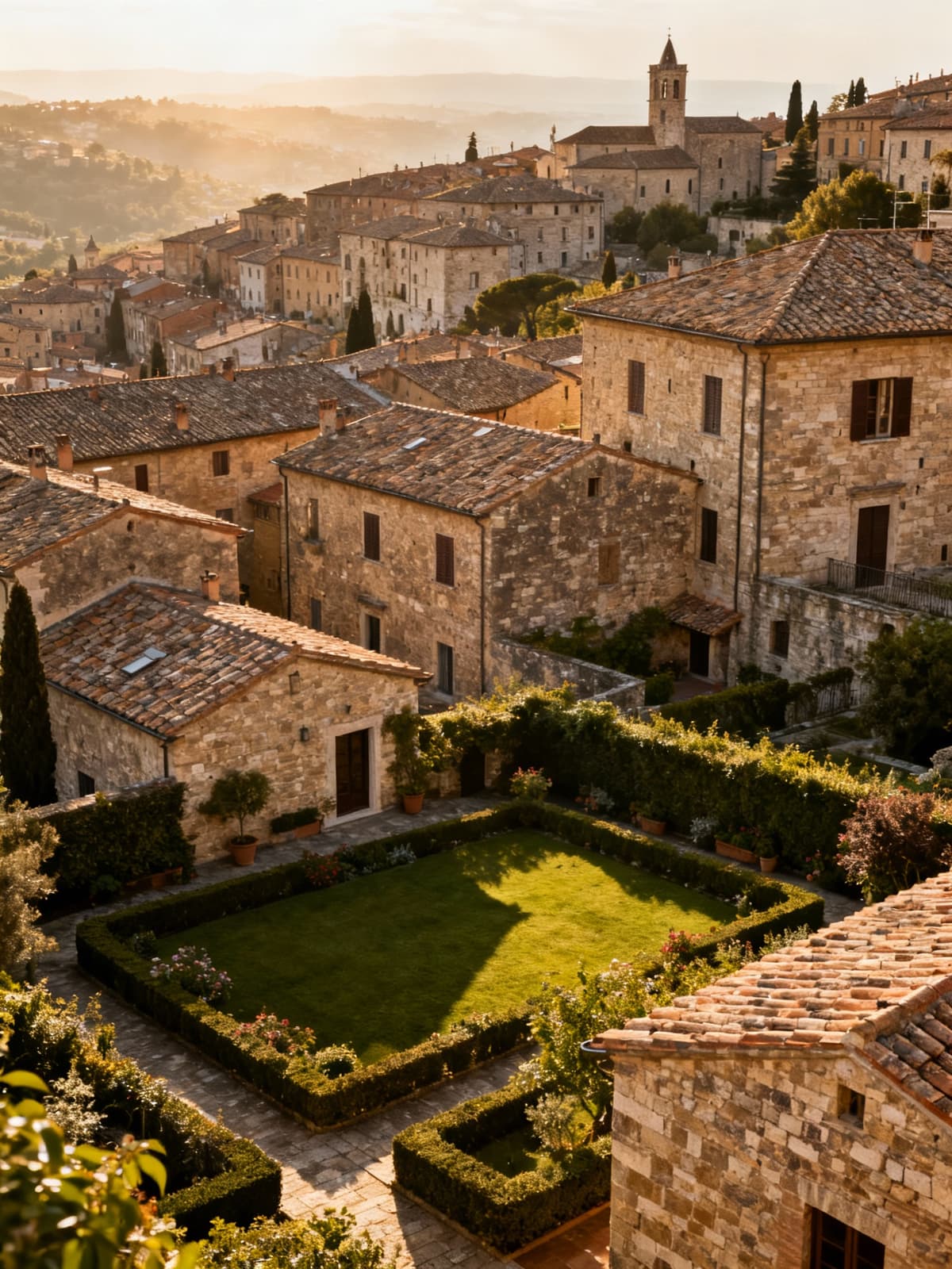 Casali rustici e dimore storiche a Perugia, muri in pietra e giardini curati, luce calda e naturale.